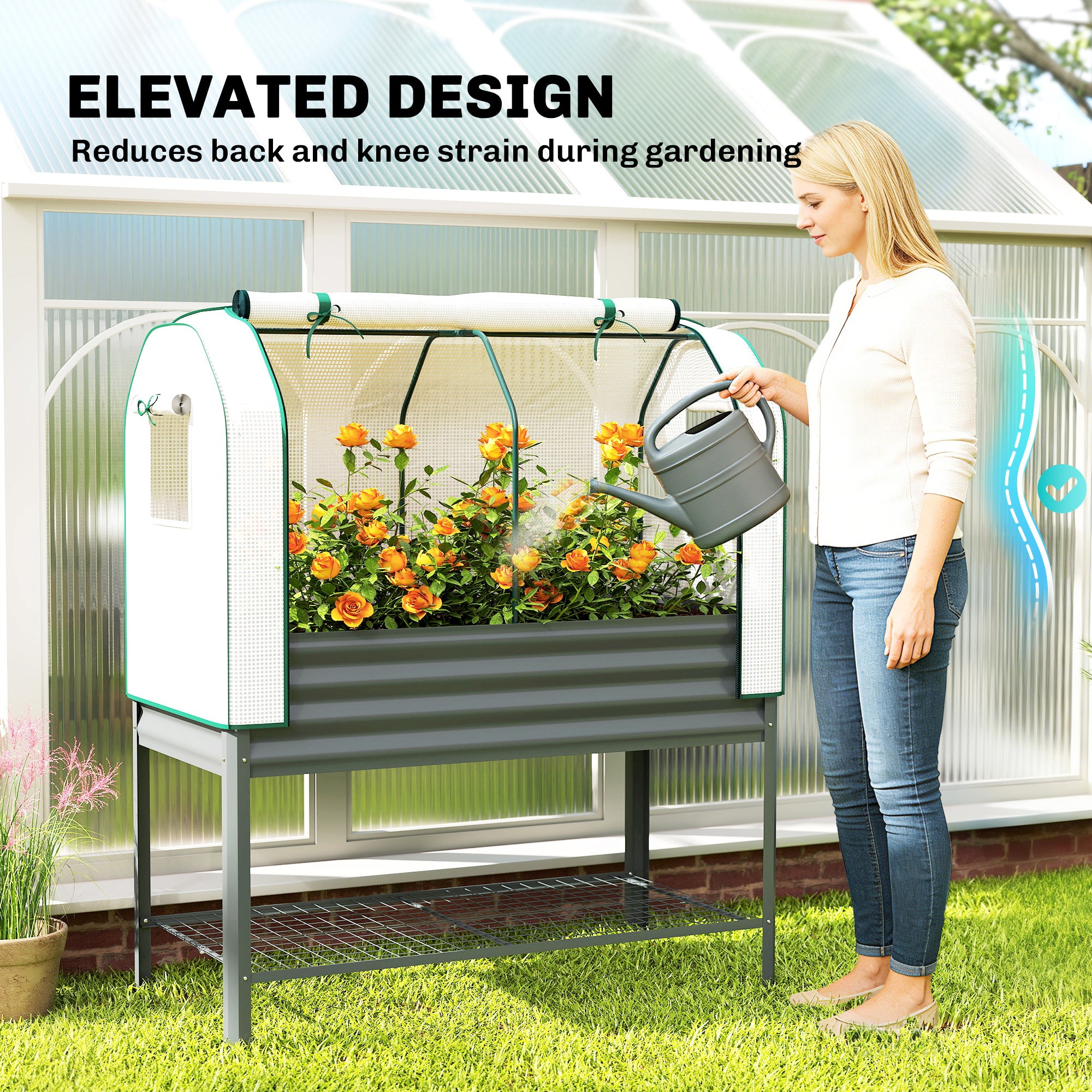 Galvanised Raised Planter with Greenhouse Cover, Metal Raised Garden Bed on Legs with Bed Liner and Bottom Shelf