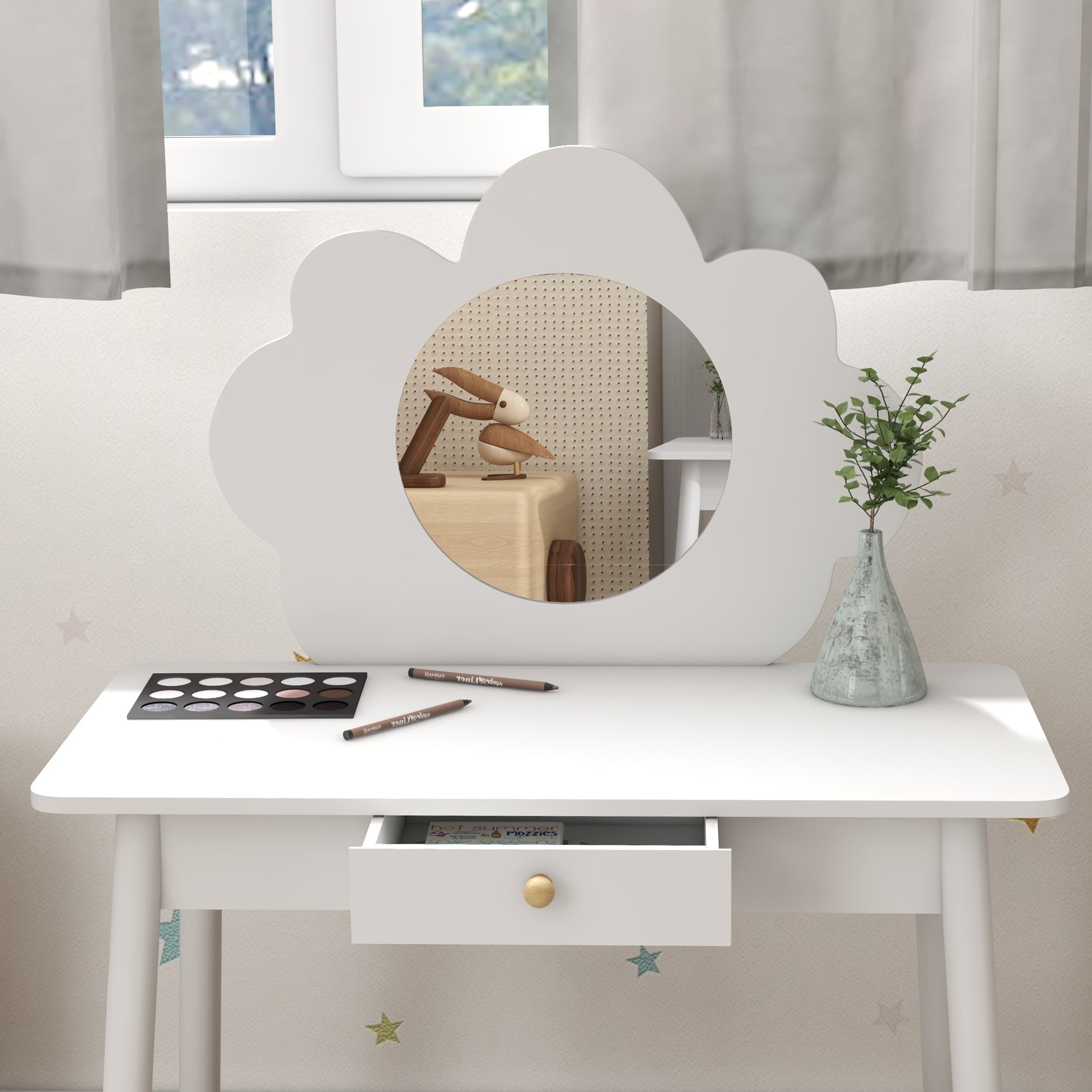 Kids Dressing Table with Mirror, Stool, Drawer, Cloud Design, White