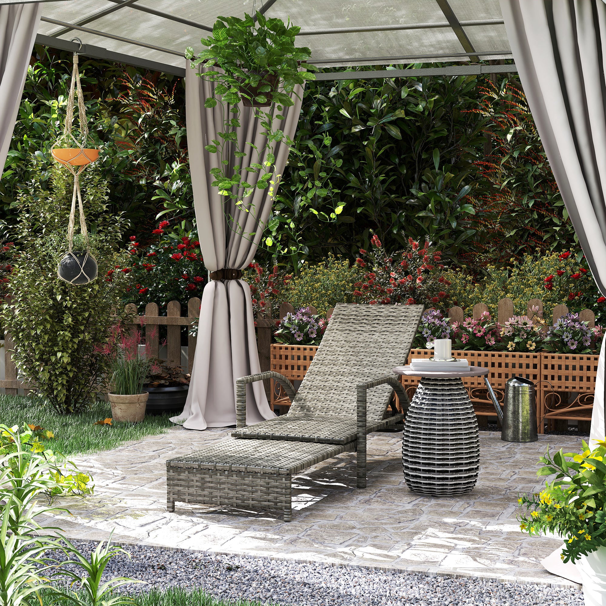 Reclining Rattan Lounger, with Extending Footrest - Grey