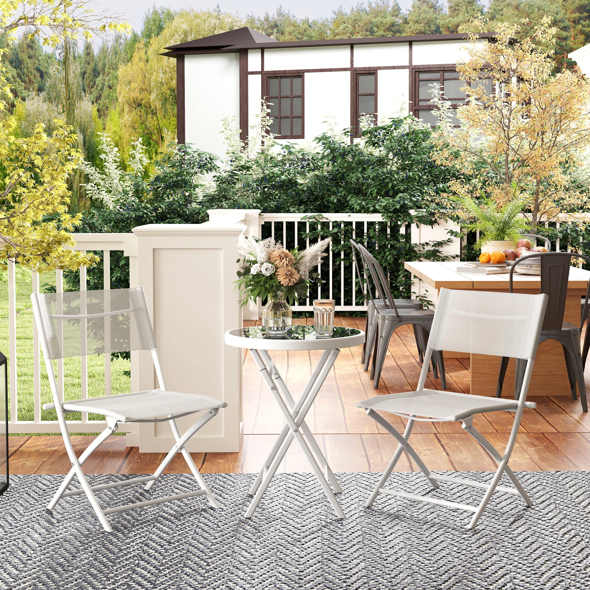 3 Piece Outdoor Bistro Set with Glass Top Table and Folding Chairs - White