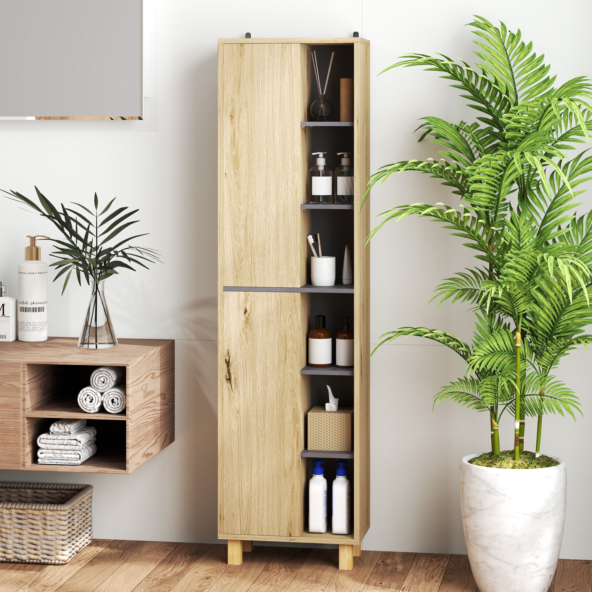 Multi-Storage Slim Bathroom Cabinet - Wood-Effect