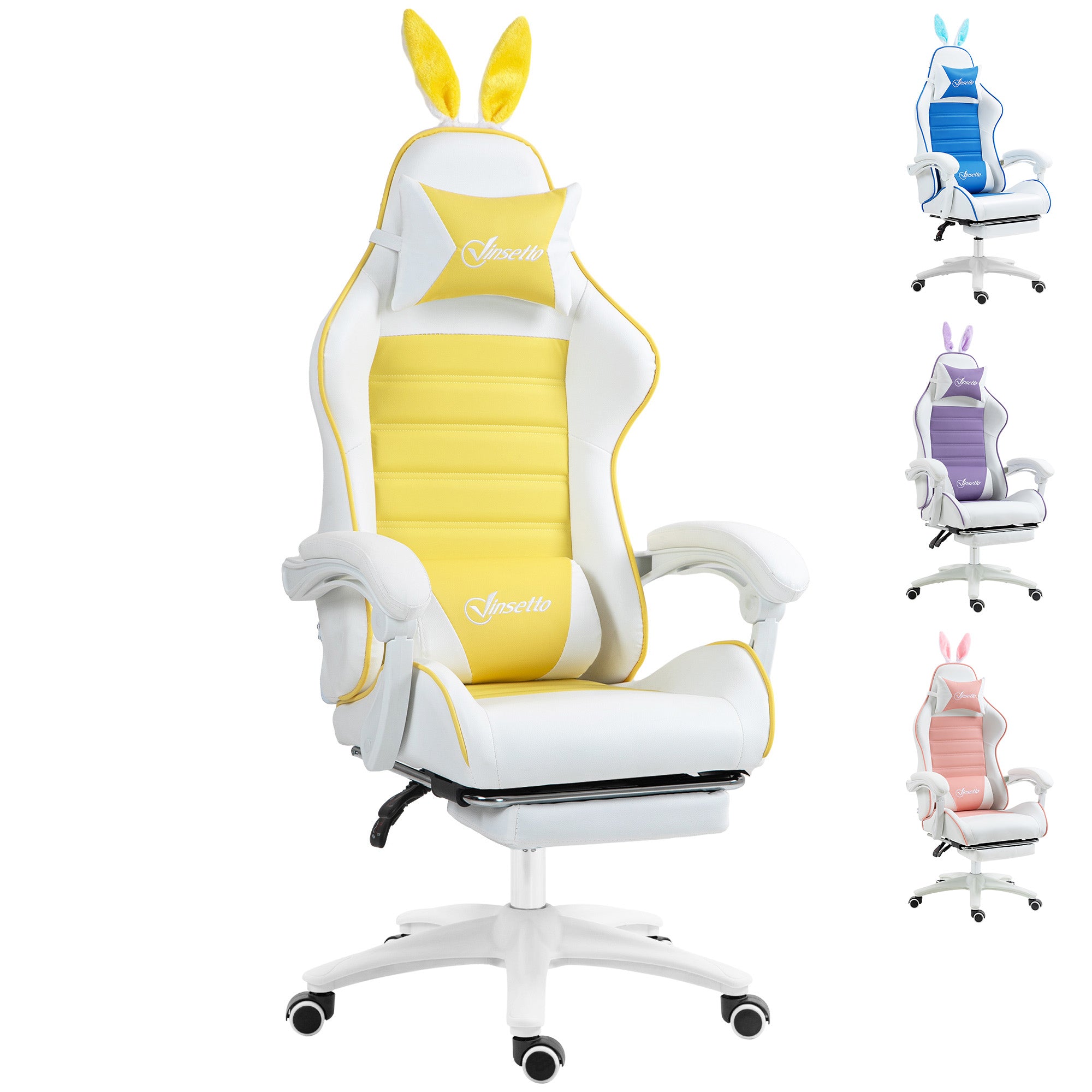 Racing Gaming Chair, Reclining PU Leather Computer Chair with Removable Rabbit Ears, Footrest, Headrest and Lumber Support, Yellow