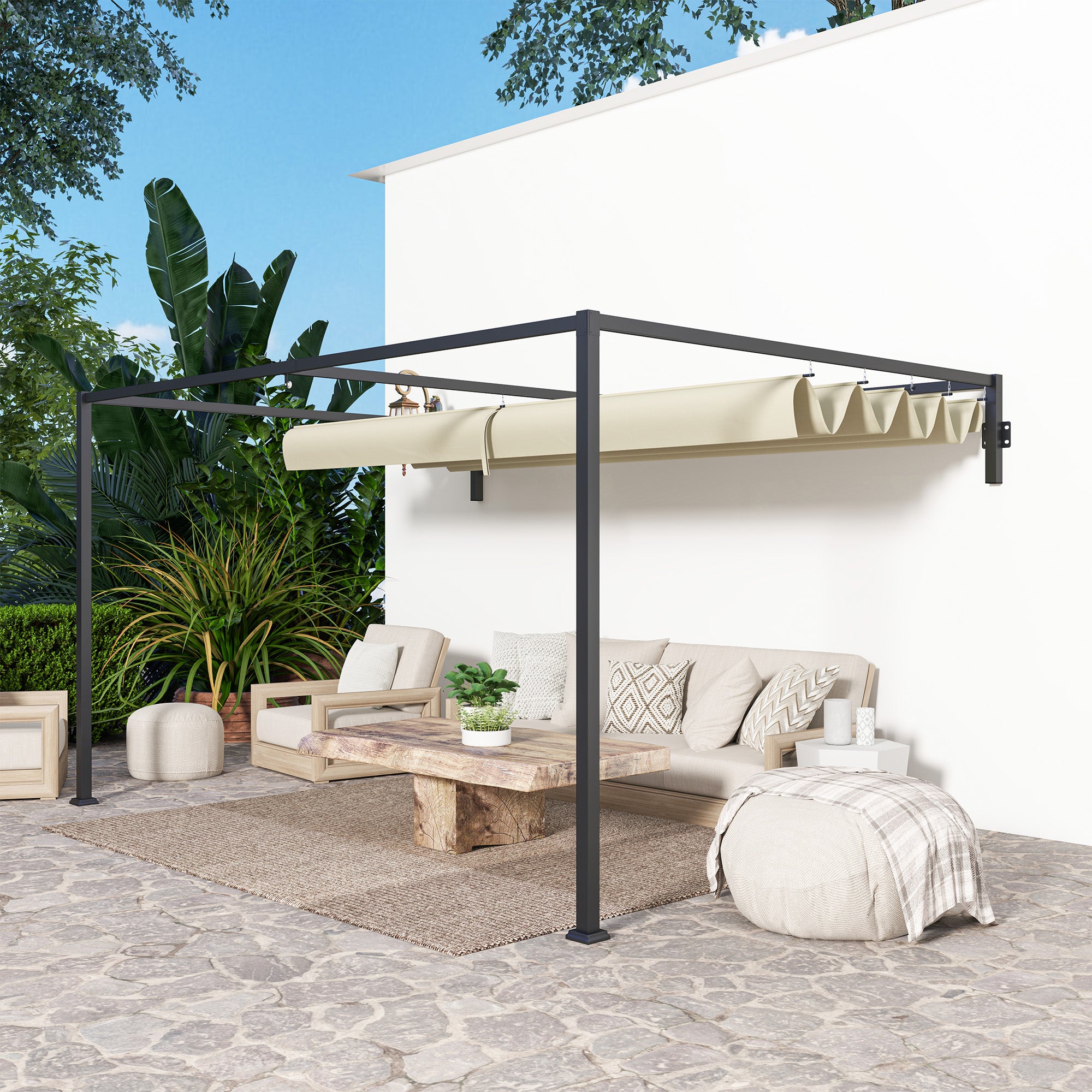 3 x 4m Steel Pergola with Retractable Canopy - Khaki