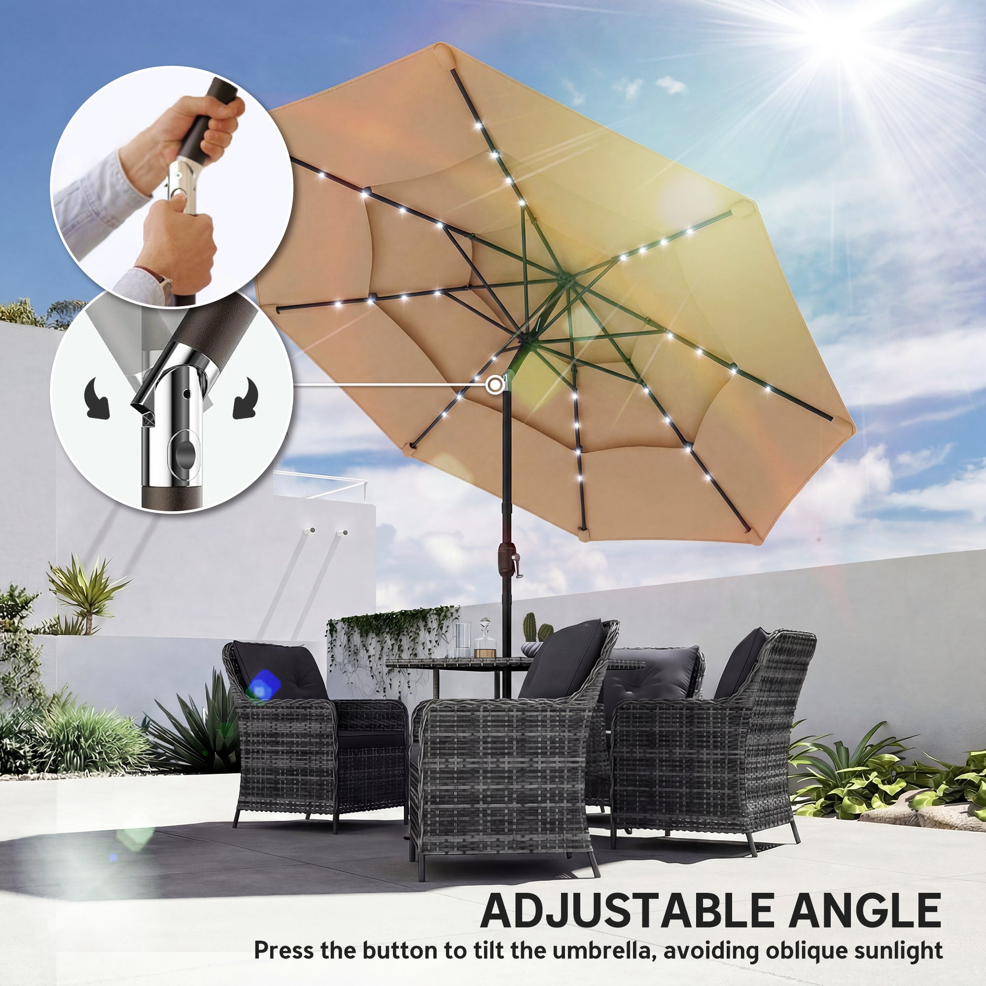 2.8 m Garden Parasol Umbrella with LED Solar Light, Parasol Cover, 3 Tier Outdoor Table Market Patio Umbrella, Khaki