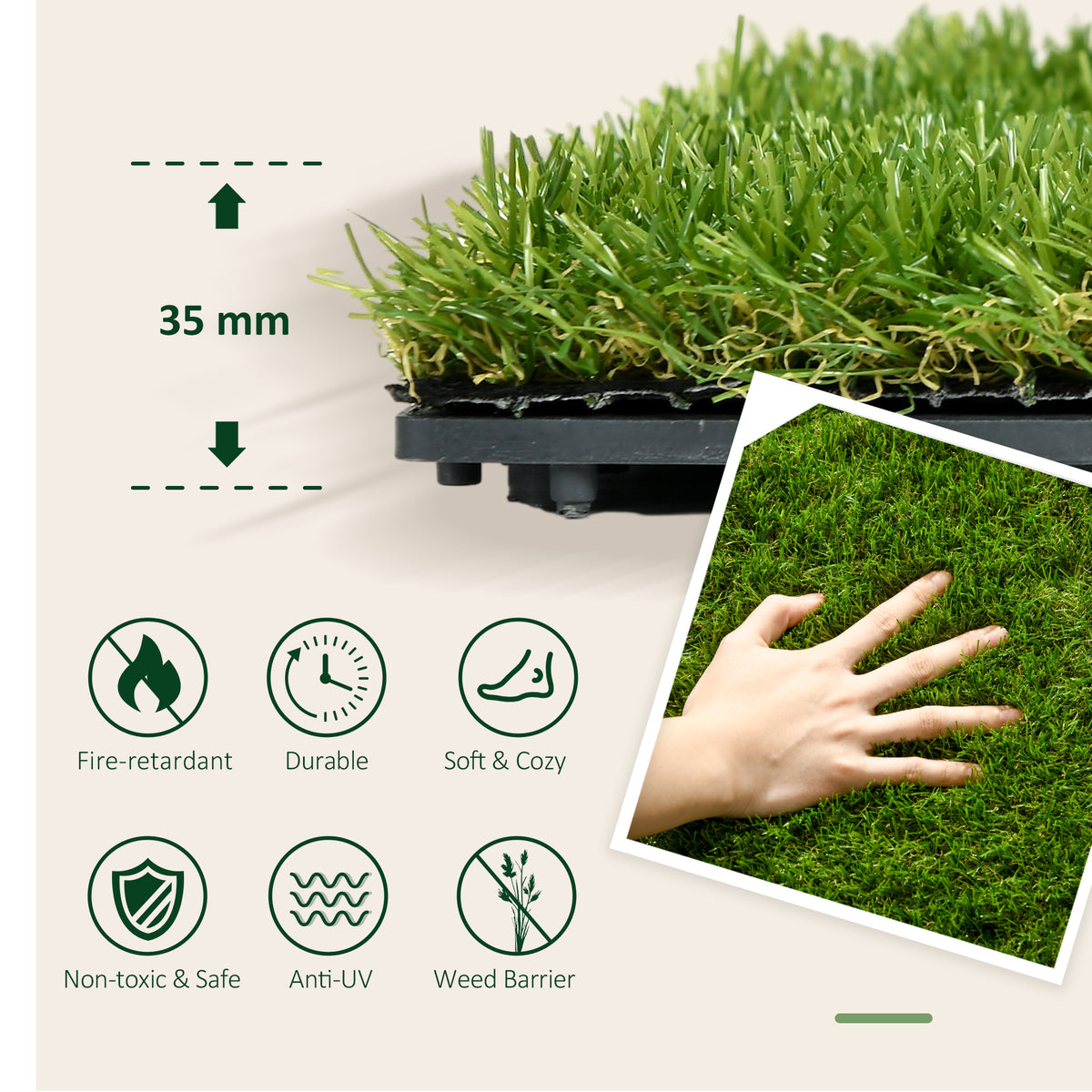 10-Piece Artificial Grass Set, Weatherproof Turf Tiles, 25mm Pile Height, Outdoor Carpet for Garden, Balcony & Patio, 30 x 30cm, Dark Green
