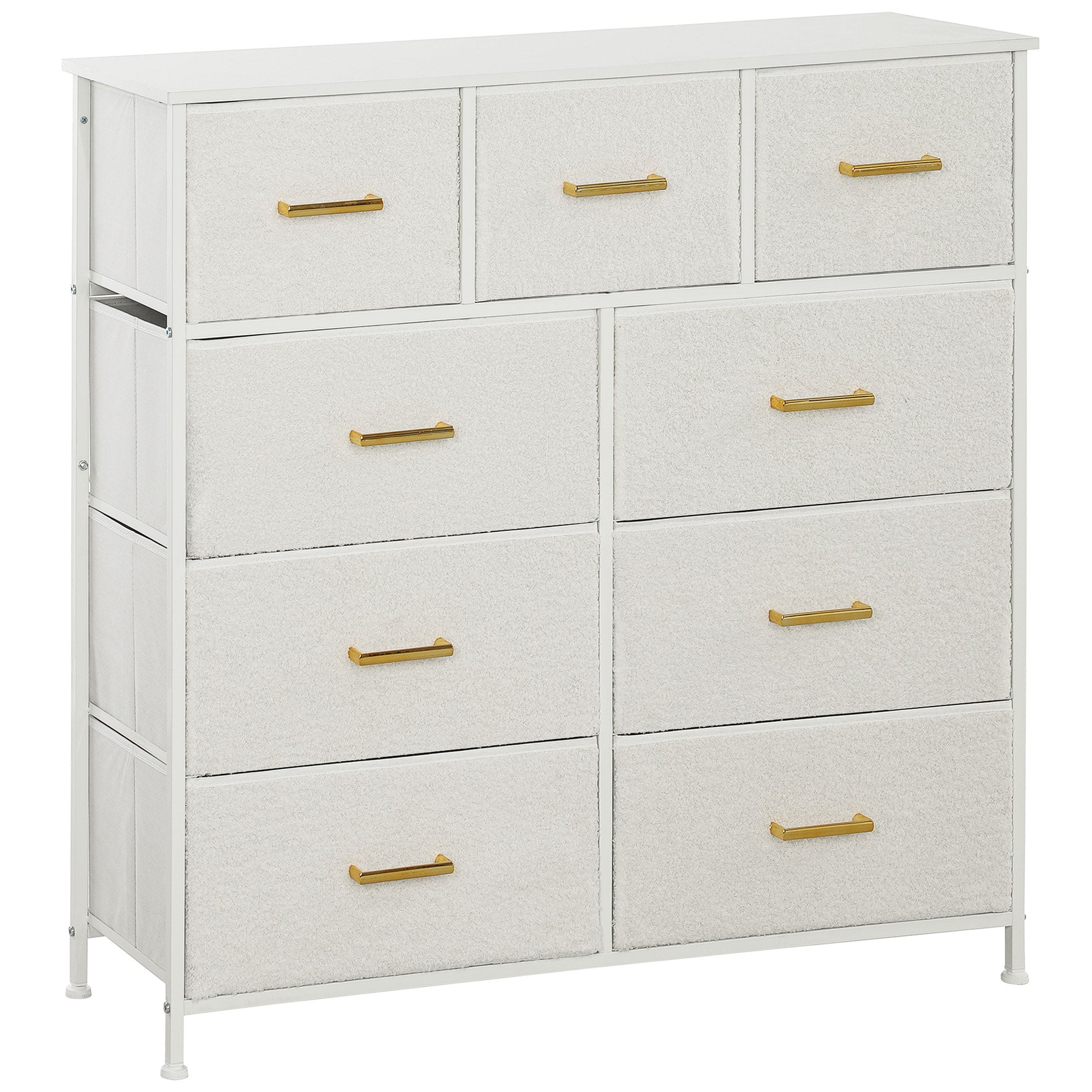 Chest of Drawers with 9 Fabric Drawers, Boucle Storage Organiser with Steel Frame, Fabric Dresser for Bedroom, Living Room, Hallway, Cream White