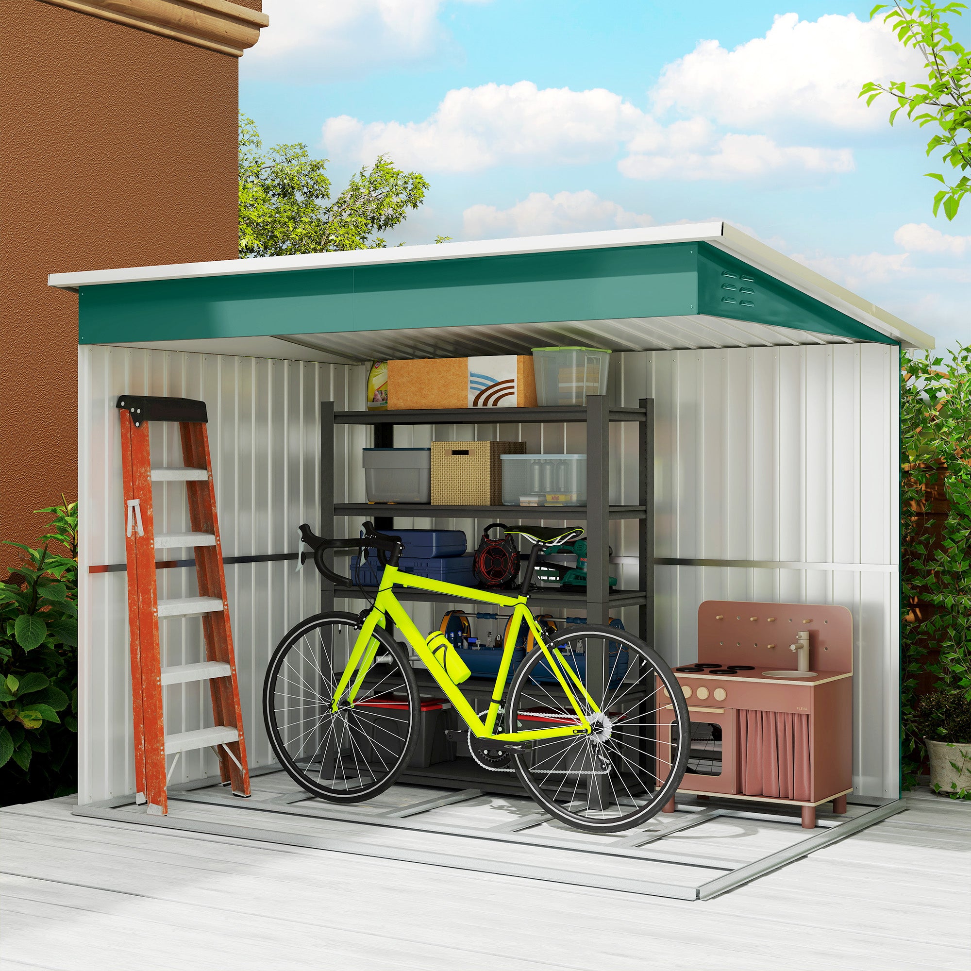 8.5 x 6ft Storage Shed Galvanised Steel Garden Shed, Metal Shed with Foundation Kit, Window, Lockable Wide Doors and Air Vents for Outdoor Patio, Green