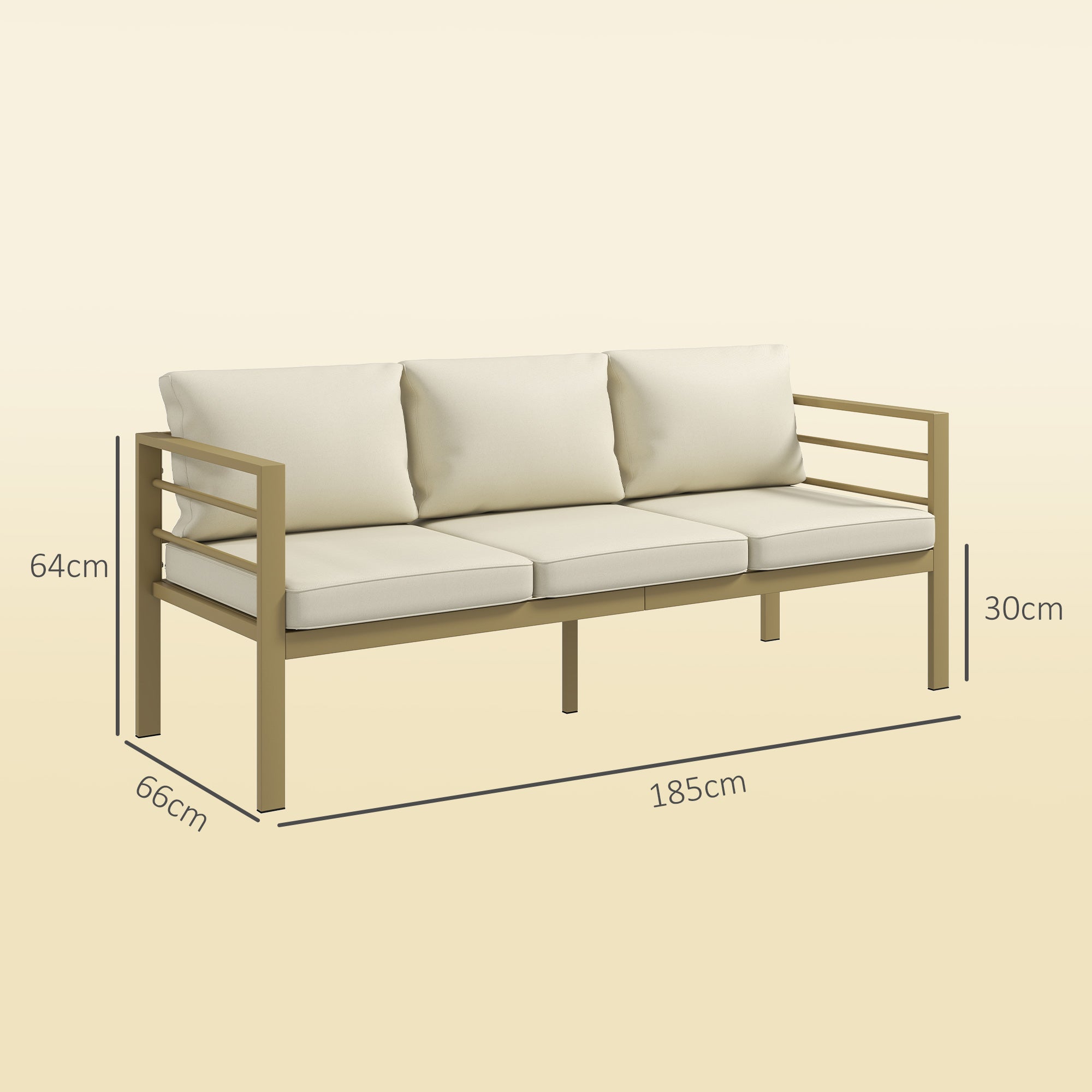 Garden Bench with Cushions, 3-Seater Sofa with Backrest, Armrest and Back Cushions, 185 x 66 x 64cm, Cream White