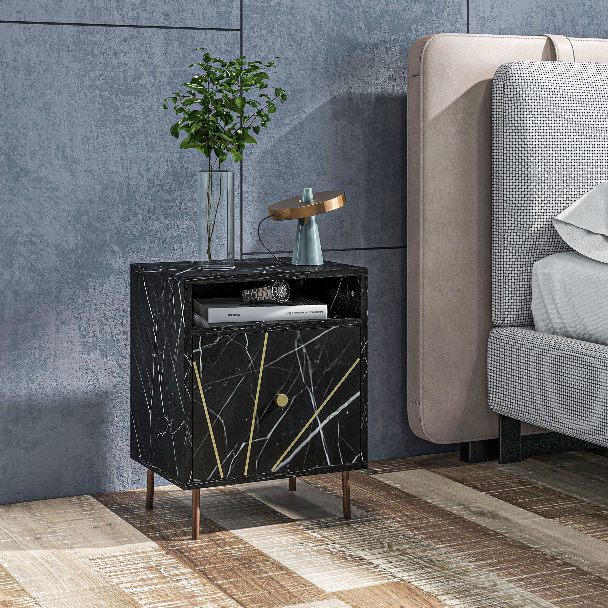 Elegant Bedside with Storage - Black/Gold Tone