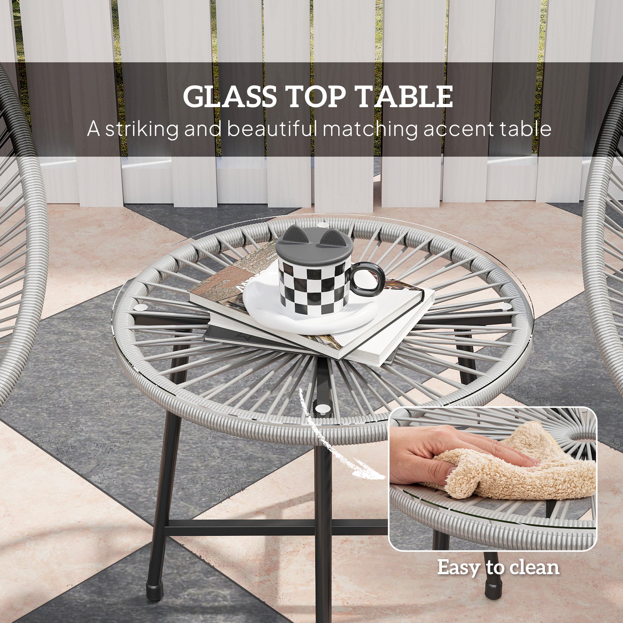 3 Pieces Rattan Bistro Set, Garden Bistro Set with Acapulco Chairs and Glass Top Table, Small Garden Furniture Set with Reinforced Metal Frame for Outdoor, Patio, Balcony, Grey