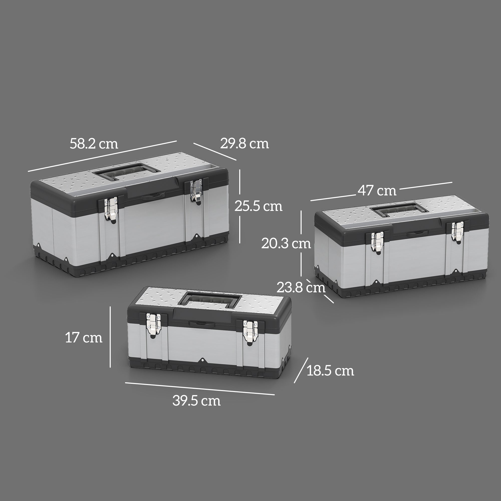 3 Pieces Stainless Steel Toolbox Set, 23"/ 19"/ 16"