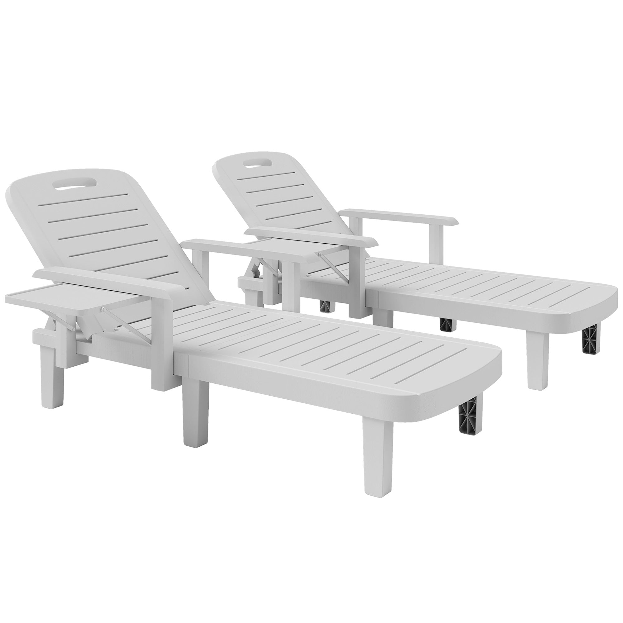 Set of 2 Resin Reclining Sun Loungers for Garden, 5 Positions Adjustable Outdoor Chaise Lounge Chairs with Wood Texture Surface, Armrests, Foldable Side Table for Garden, Beach, White