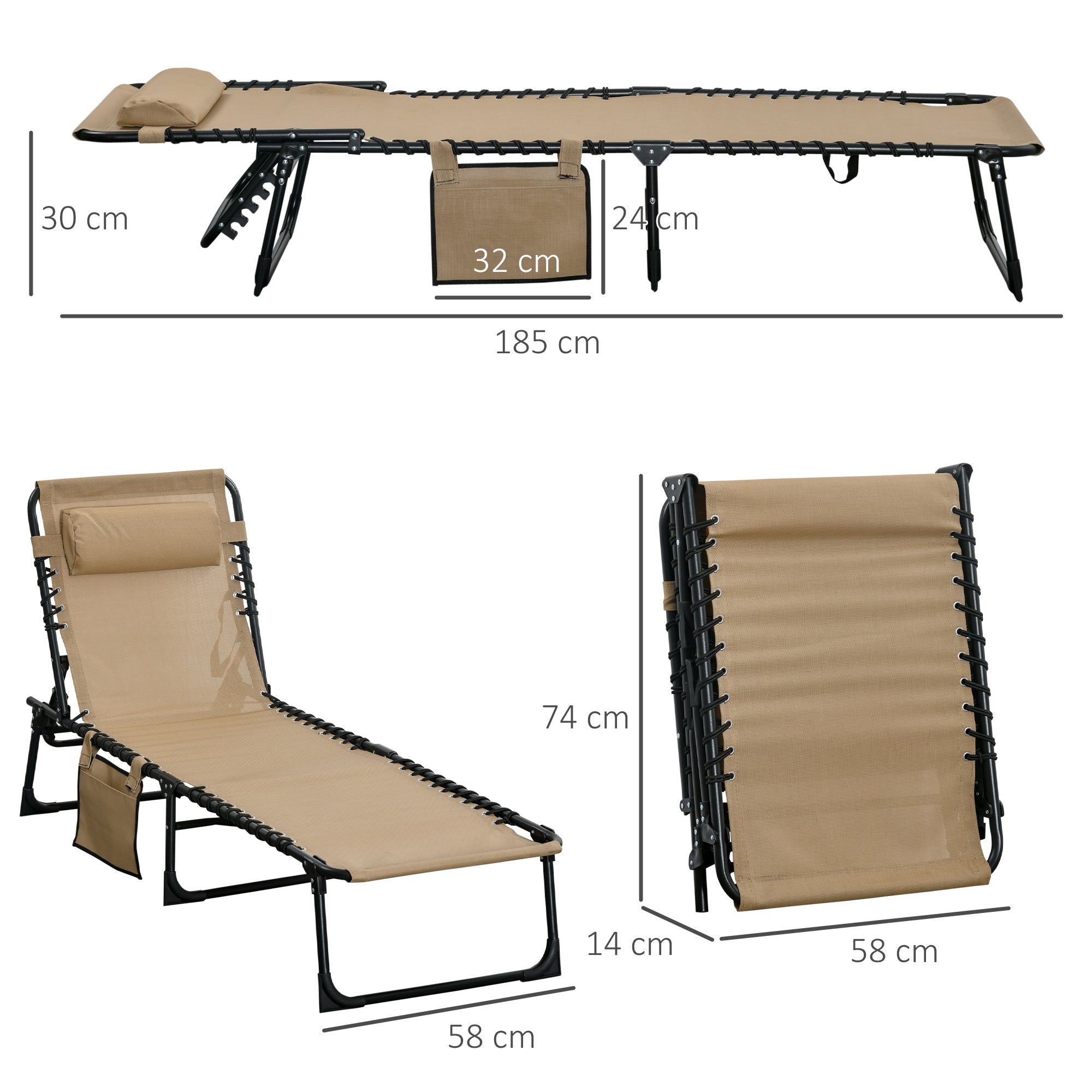 Portable Sun Lounger Set of 2, Folding Camping Bed Cot, Reclining Lounge Chair 5-position Adjustable Backrest with Side Pocket, Pillow for Patio Garden Beach Pool, Beige