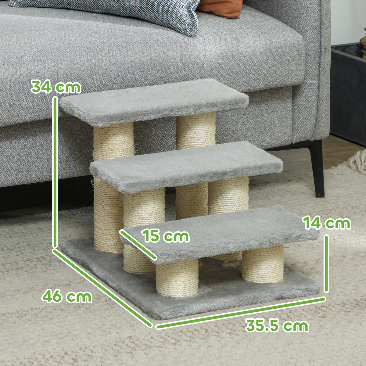 3-Step Pet Stairs Ladder with Scratching Posts for Cats and Dogs - Grey