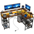 L Shaped 150cm Gaming Desk with LED Lights, Power Outlets, Monitor Stand & Storage Shelves - Rustic Brown