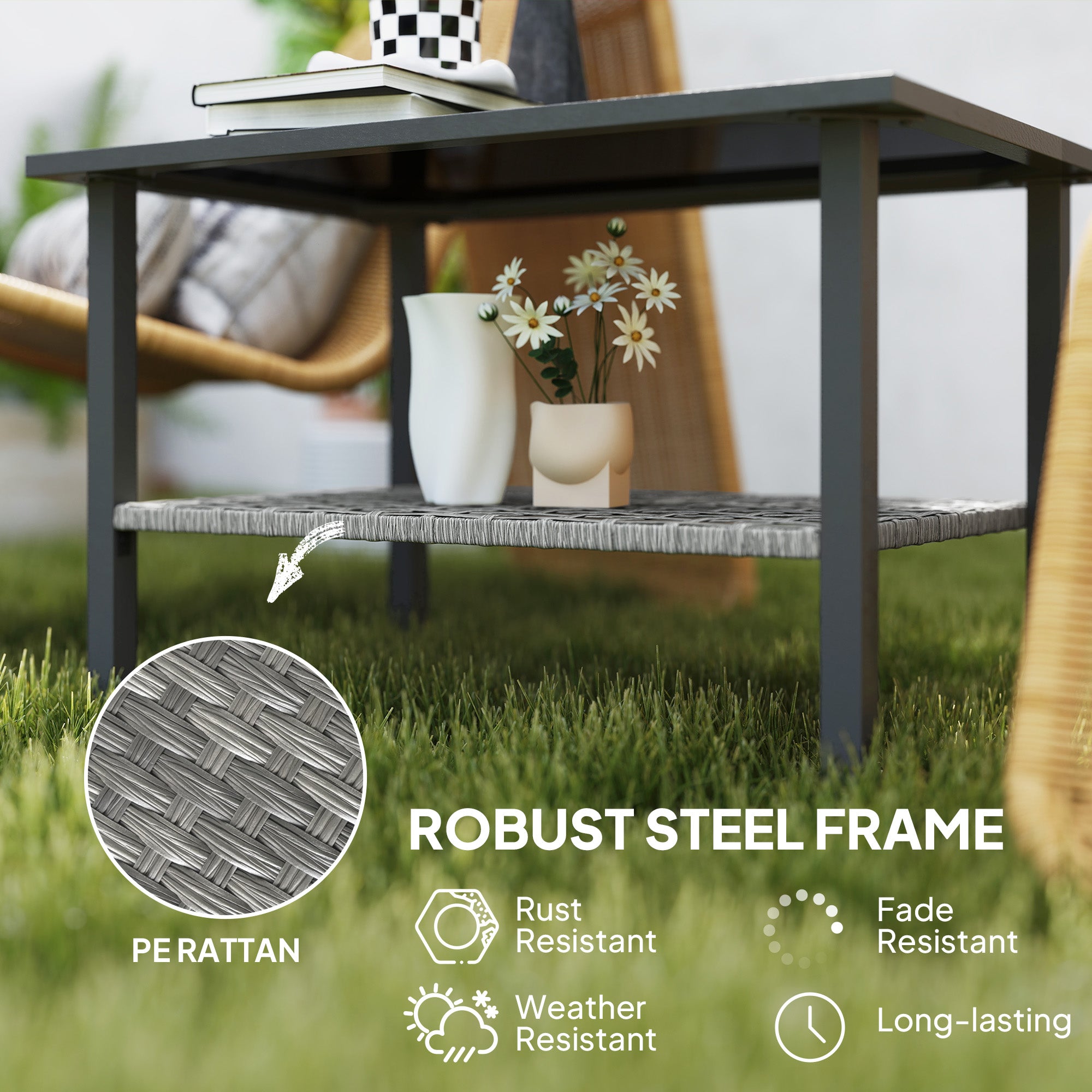 Outdoor Rattan Coffee Table with Tempered Glass Top and Storage Shelf - Mixed Grey