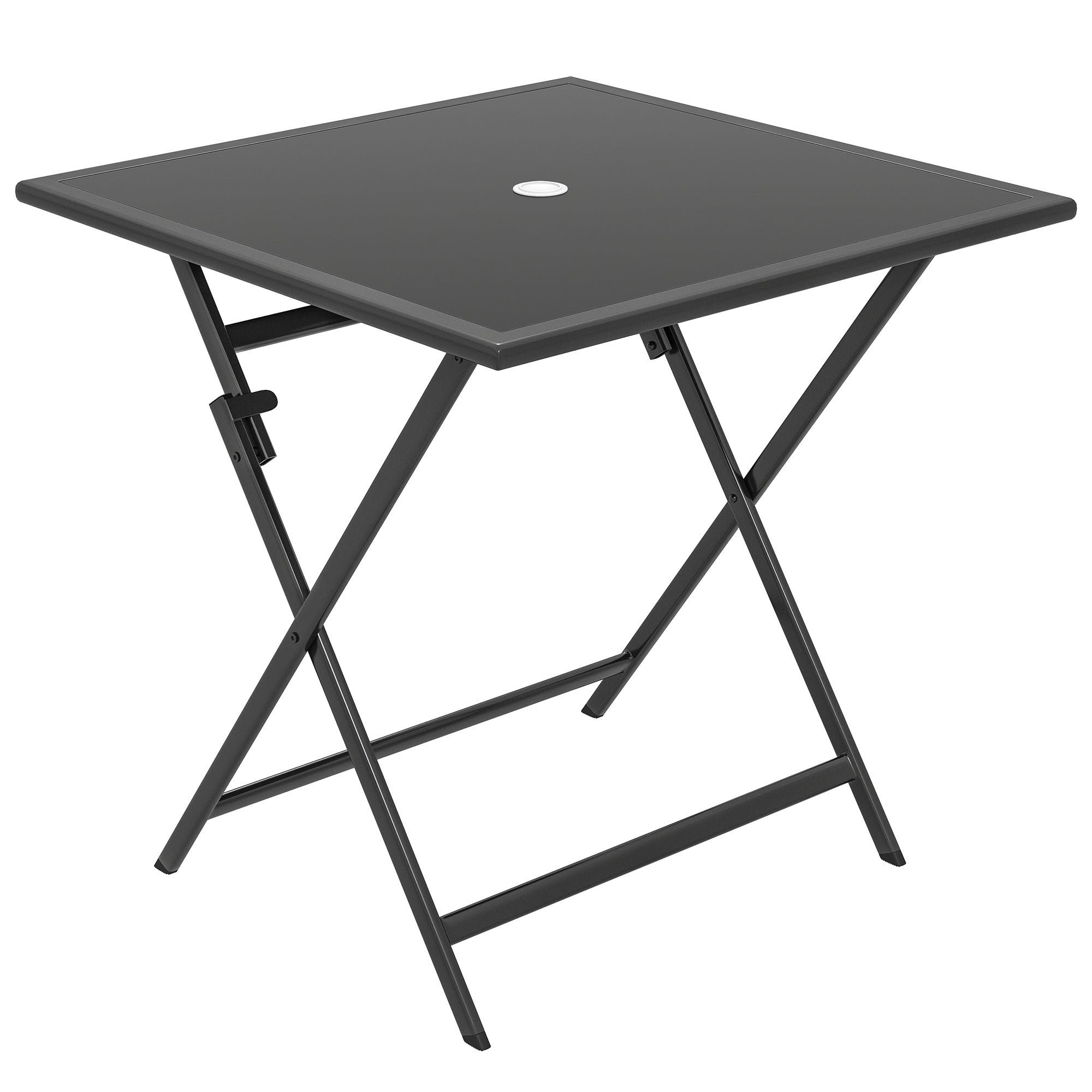 Folding Outdoor Dining Table, Square Garden Table Tempered Glass Top with Parasol Hole Garden Patio, 70 x 70 x 70 cm