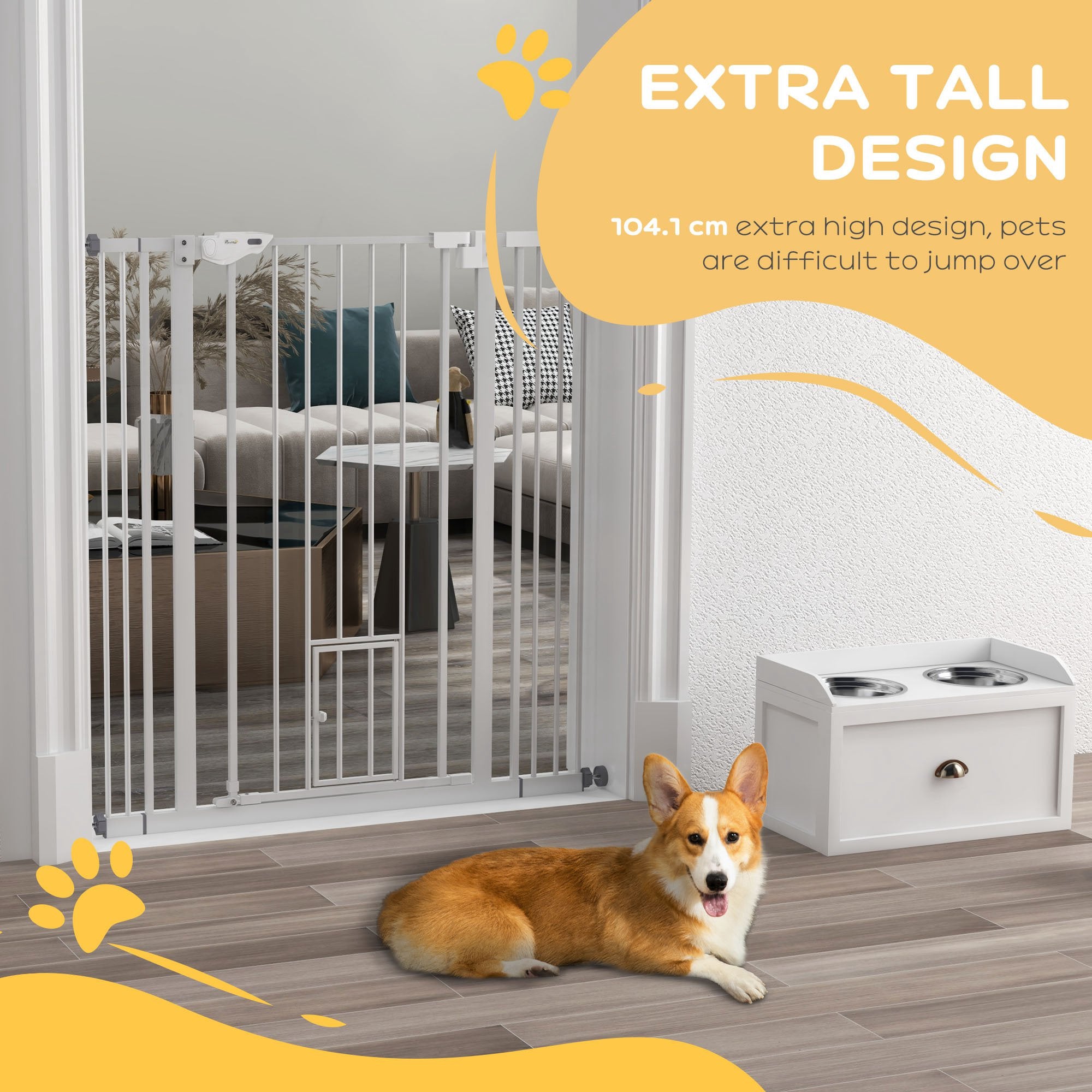 Extra Tall Pet Gate, Indoor Dog Safety Gate, with Cat Flap, Auto Close, 74-101cm Wide - White