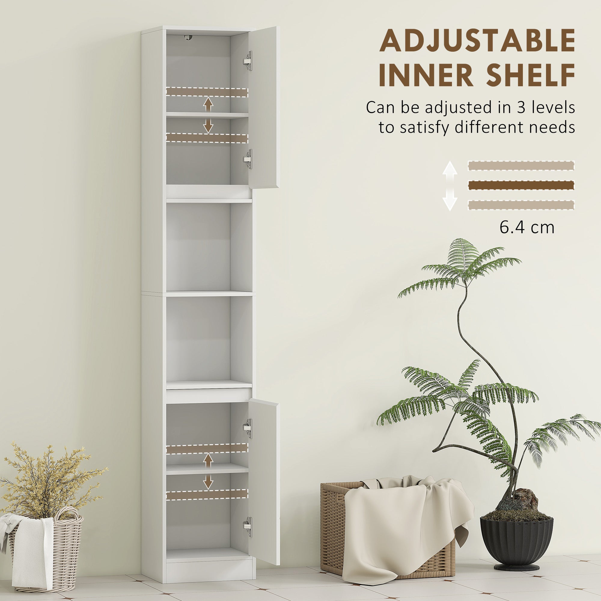 Narrow Bathroom Cabinet, Slim Bathroom Storage Unit with Open Compartment, Freestanding Storage Cupboard with Adjustable Shelves for Small Spaces, 30 x 24 x 170 cm, White