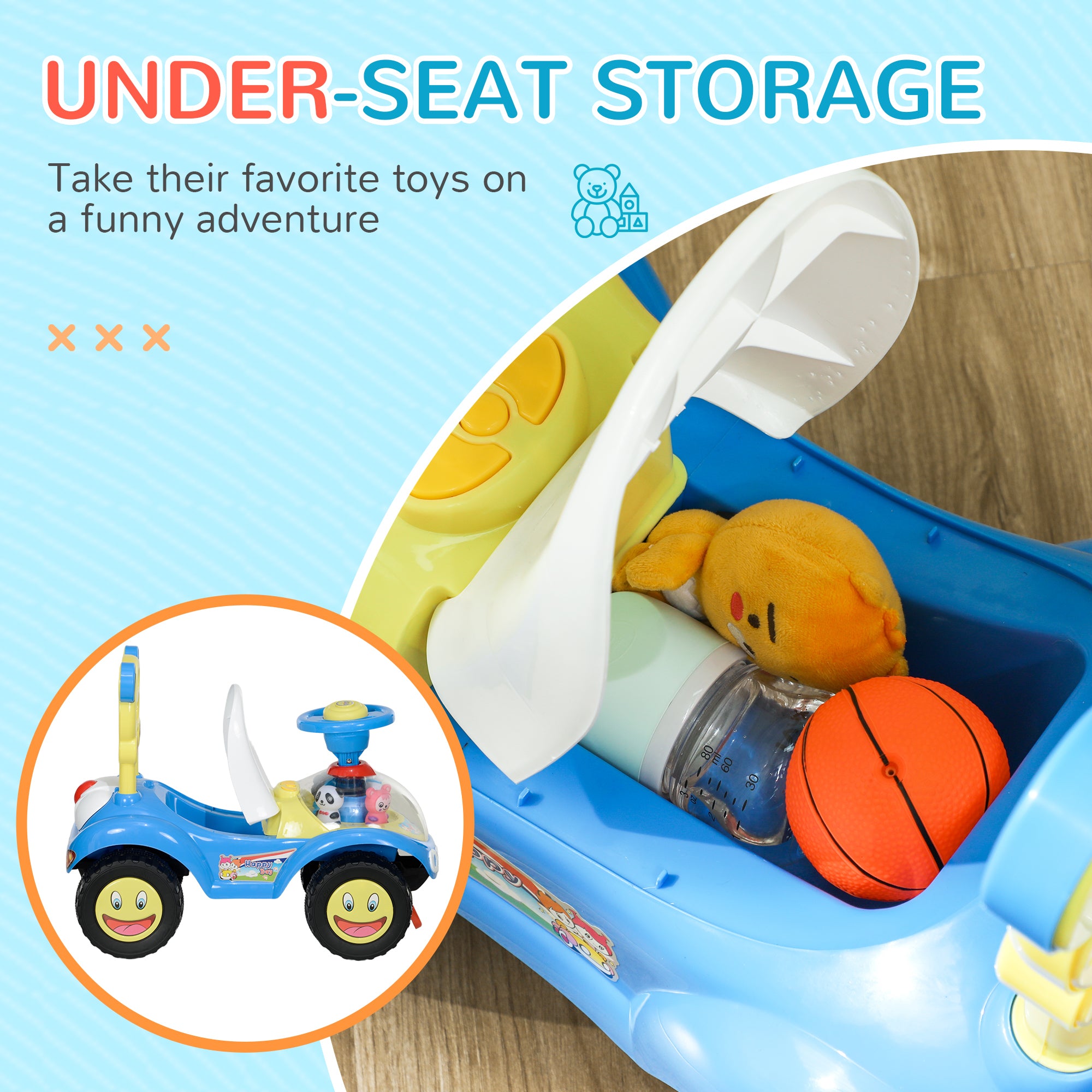 Foot to Floor oddler Ride on Toy w/ Music, Light, Horn, Under Seat Storage, Anti-Over-Backwards Device, Blue