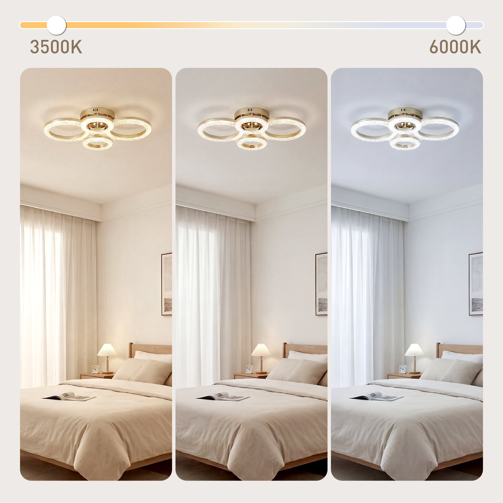 LED Ceiling Light, Modern Dimmable 4 Rings Ceiling Lamp with Wall Switch, 40W 4350lm Flush Mount Ceiling Light with 3500K/4500K/6000K Colour Temperatures for Living Room, Bedroom, Gold Tone