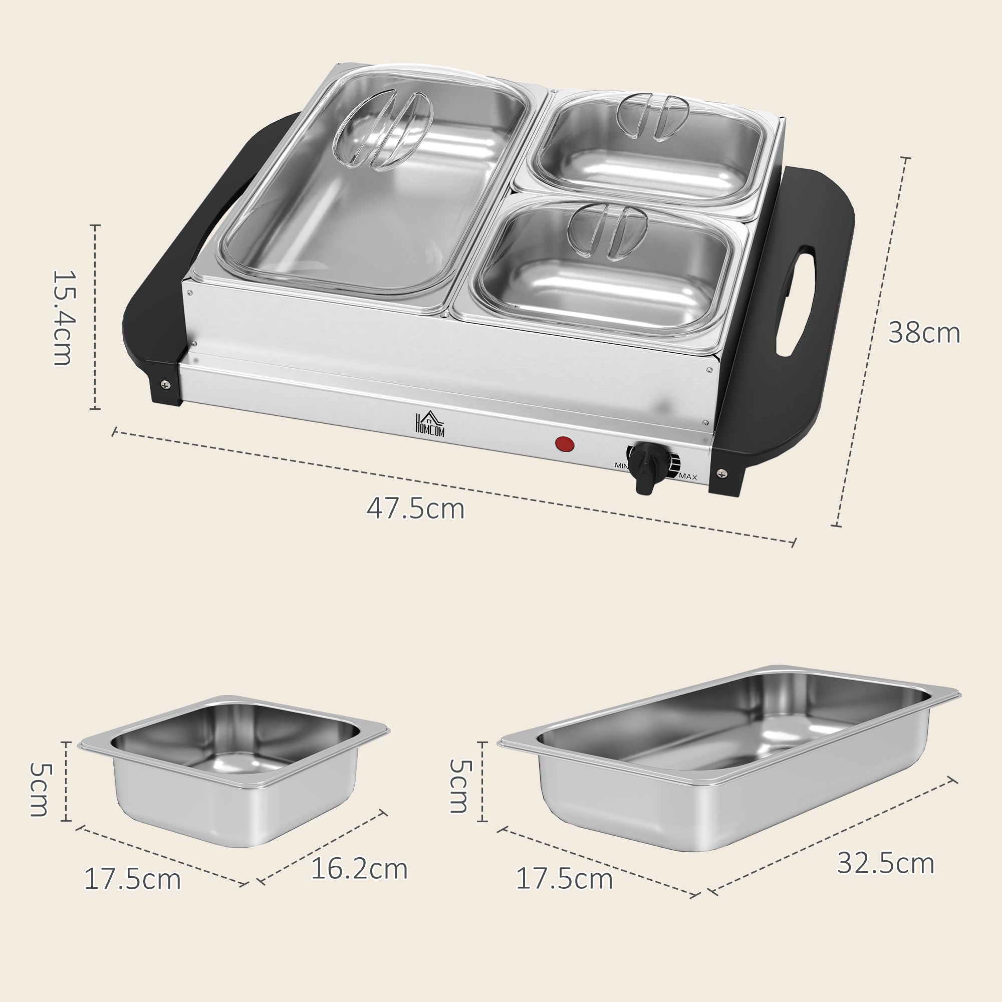 Electric Food Warmer 4 Tray, 4.5L Portable Buffet Server and Warming Tray with Lids, Adjustable Temperature Control and Cool Touch Handles, 200W, 1 x 2.5L and 2 x 1L