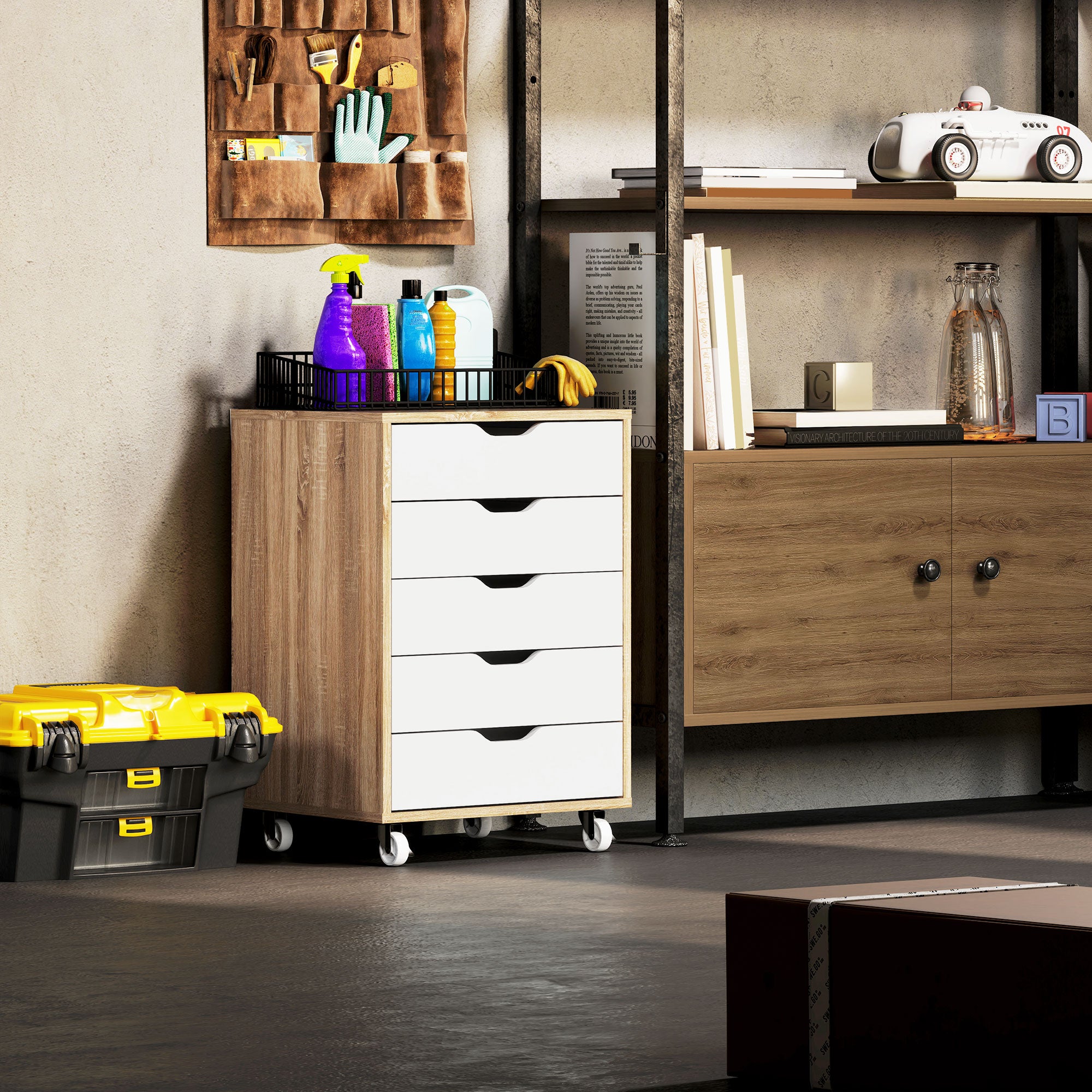 Five-Drawer Filing Cabinet, with Wheels - Oak Brown