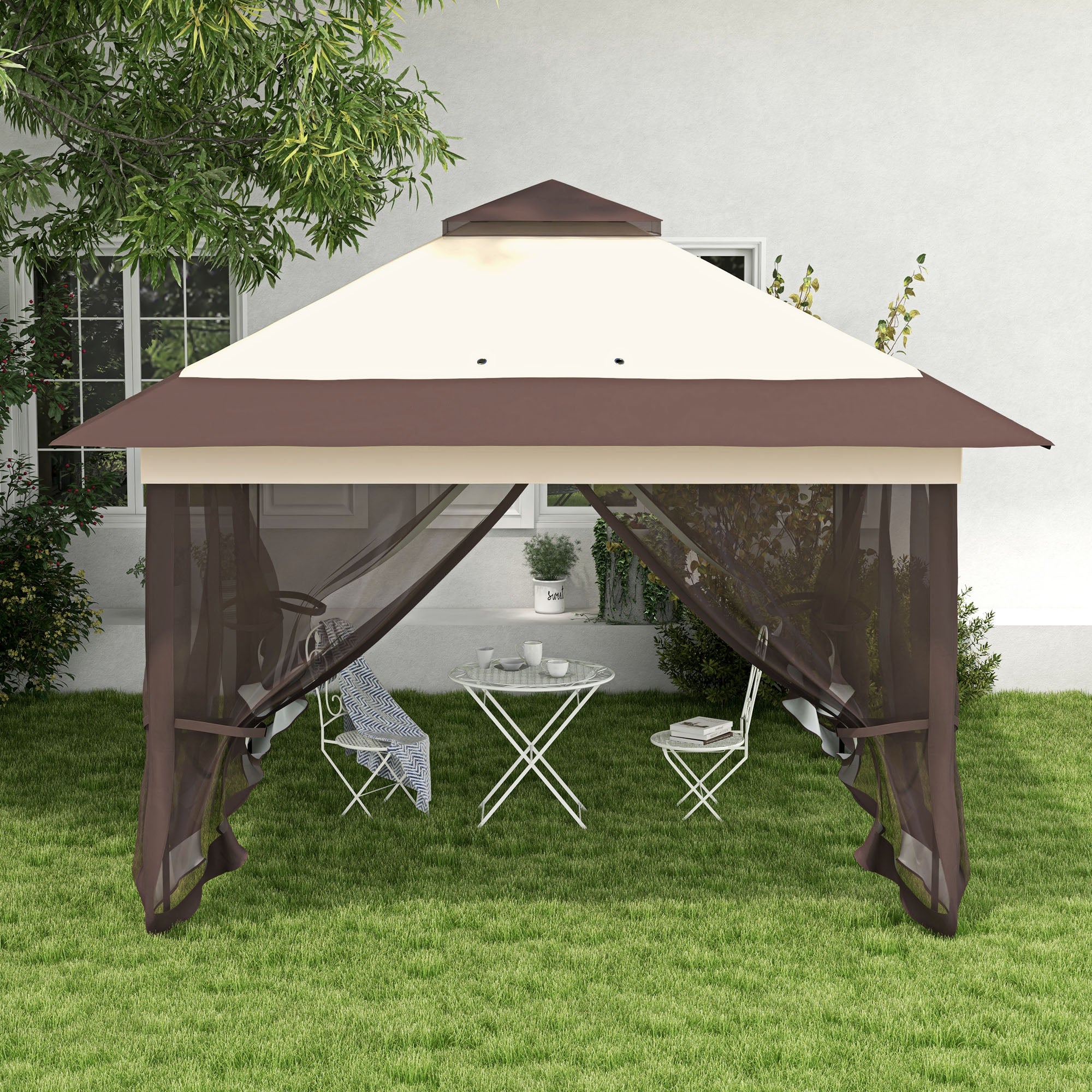 3.6 x 3.6 Metre Pop Up Gazebo with Netting - Adjustable Khaki Sun Shade Shelter