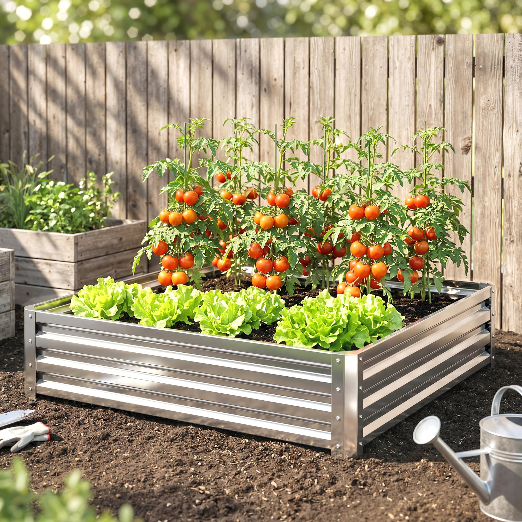 Square Raised Garden Bed Box with Weatherized Steel Frame for Vegetables, Flowers, & Herbs, 120 x 120 x 30cm, Silver Tone