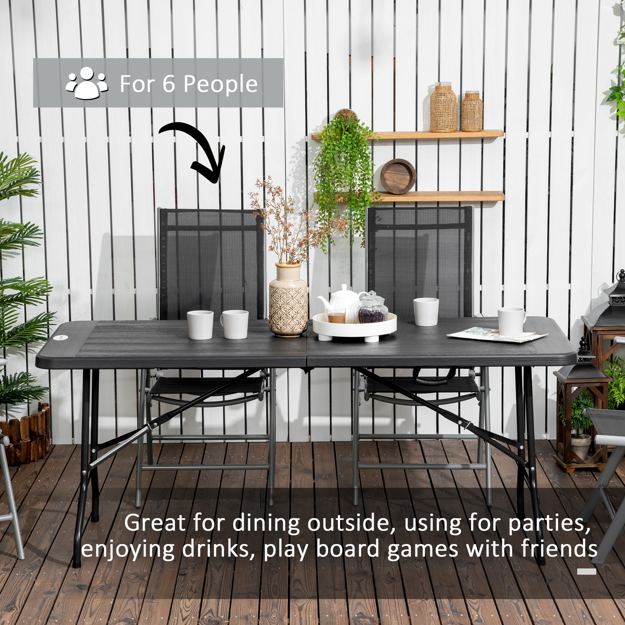 Folding Garden Dining Table for 6 with HDPE Top and Steel Frame - Charcoal Grey