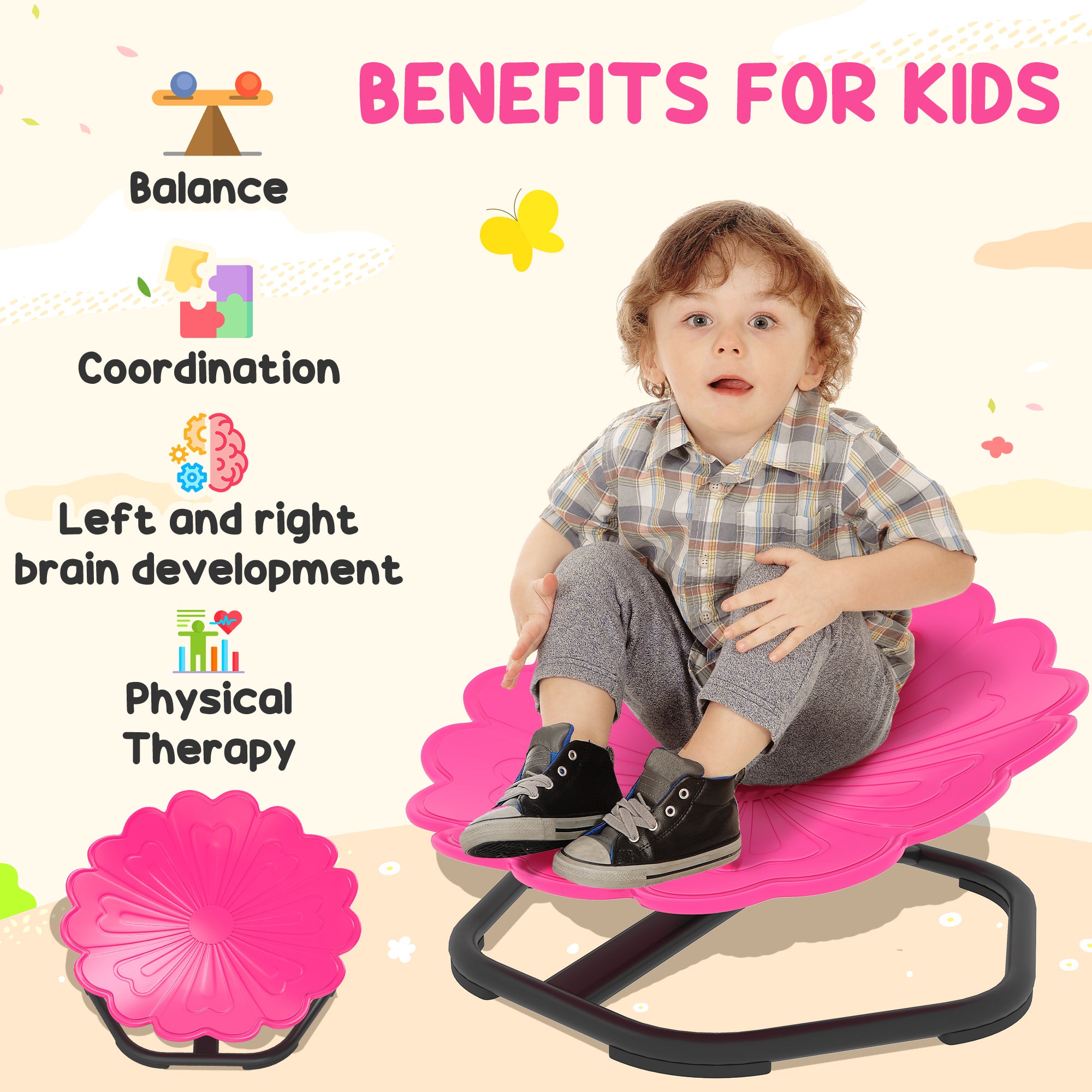 Flower-Shaped Sensory Spinning Chair with Non-Slip Base for Balance/Coordination, Pink
