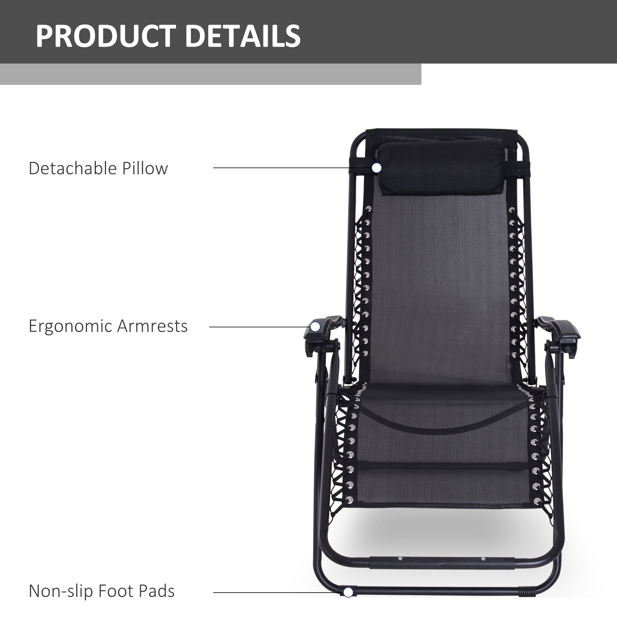 Zero Gravity Chair Set of 2, Metal Frame Texteline Armchair Outdoor Folding and Reclining Sun Lounger with Head Pillow for Patio Decking Gardens Camping, Black