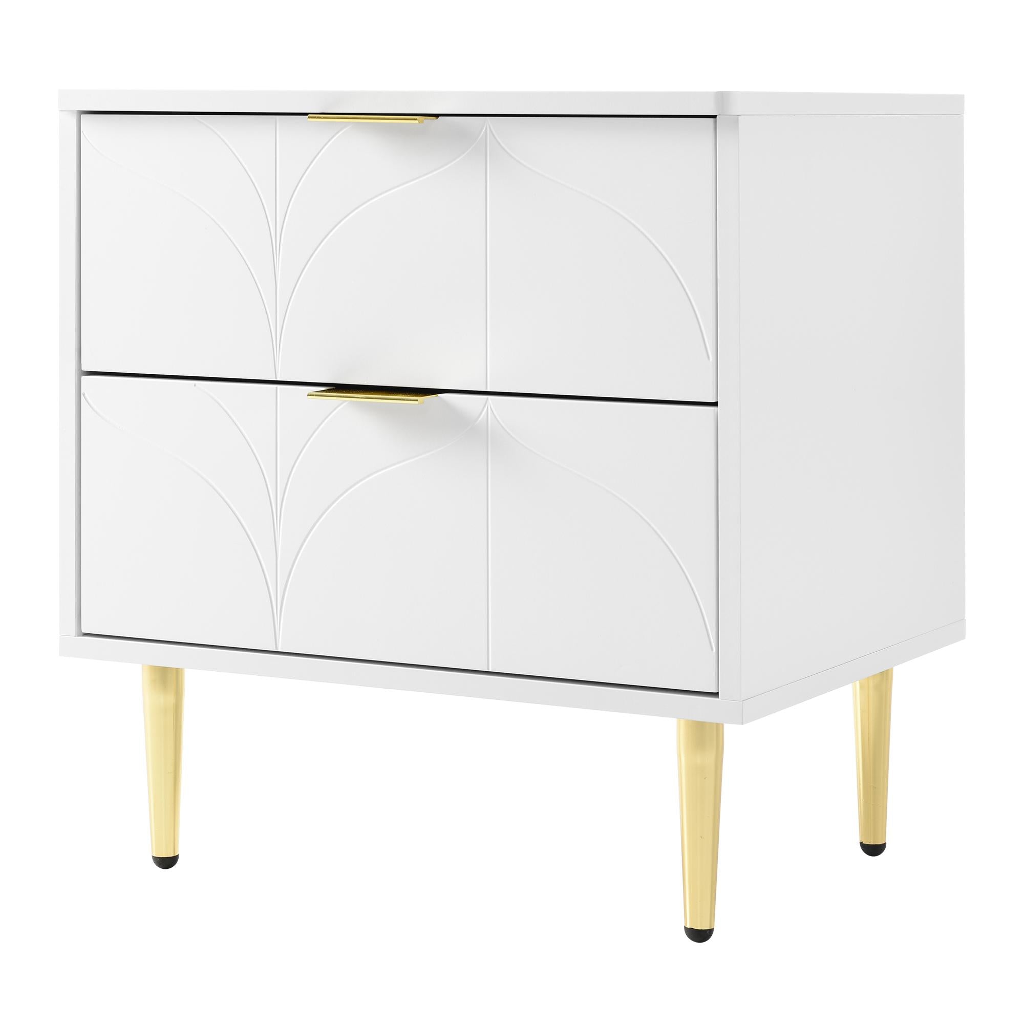 Set of 2 Modern Bedside Tables with 2 Drawers, Floral Pattern and Gold-Plated Accents, Anti-Bump Design, 50L x 40W x 54H cm, White
