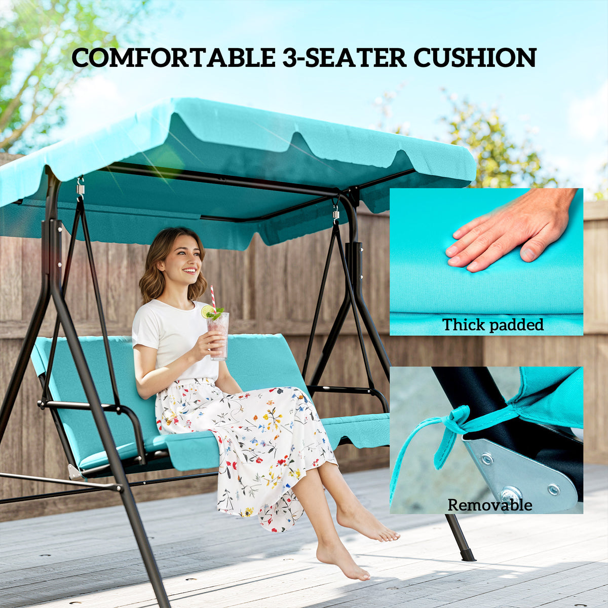 Three-Seater Garden Swing Chair, with Adjustable Canopy - Blue