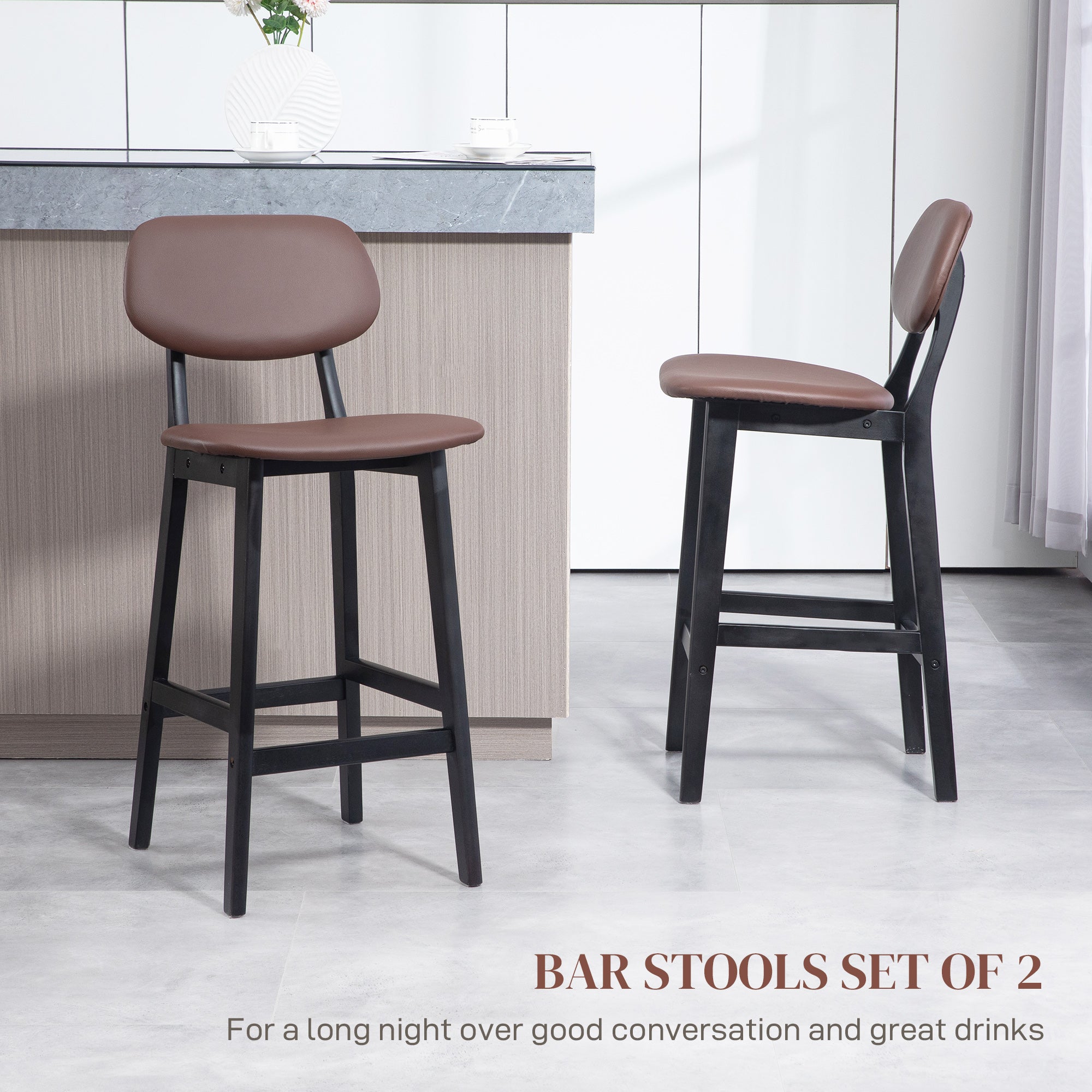 Bar Stools Set of 2, Contemporary Breakfast Bar Chairs, Faux Leather Upholstered Kitchen Stools with Backs and Solid Wood Legs, Brown