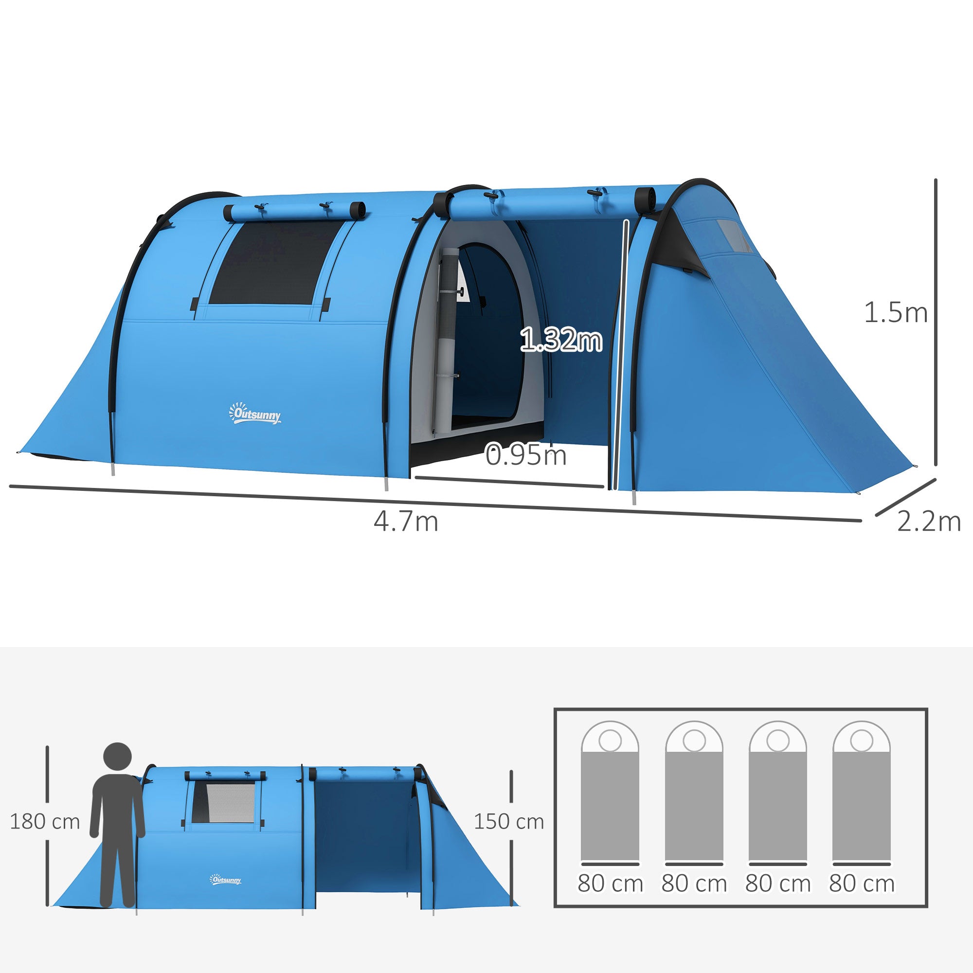 Spacious Four Man Duo Tunnel Tent for Camping - Sky Blue