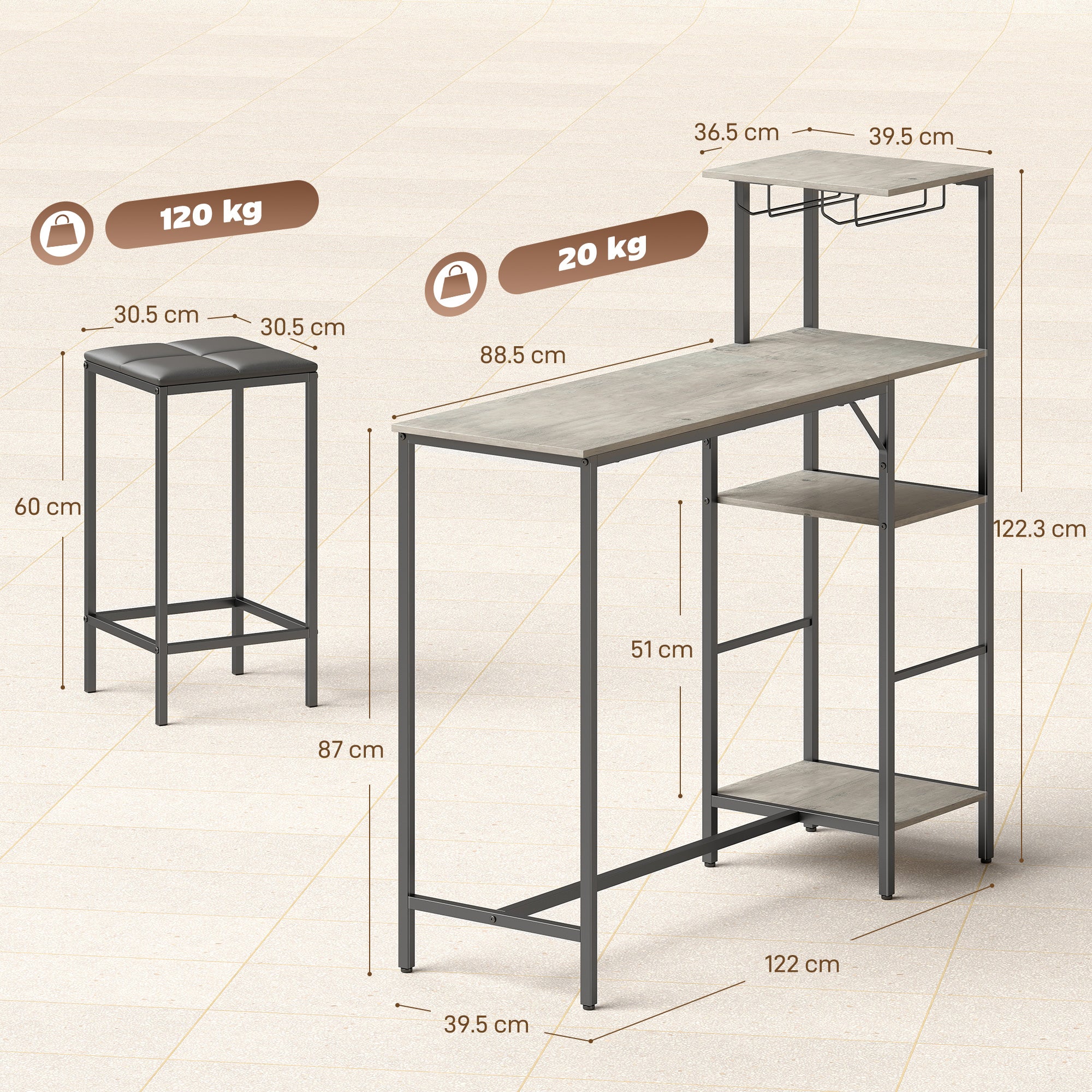 3 Piece Breakfast Bar Table and Stools Set, Washed Grey
