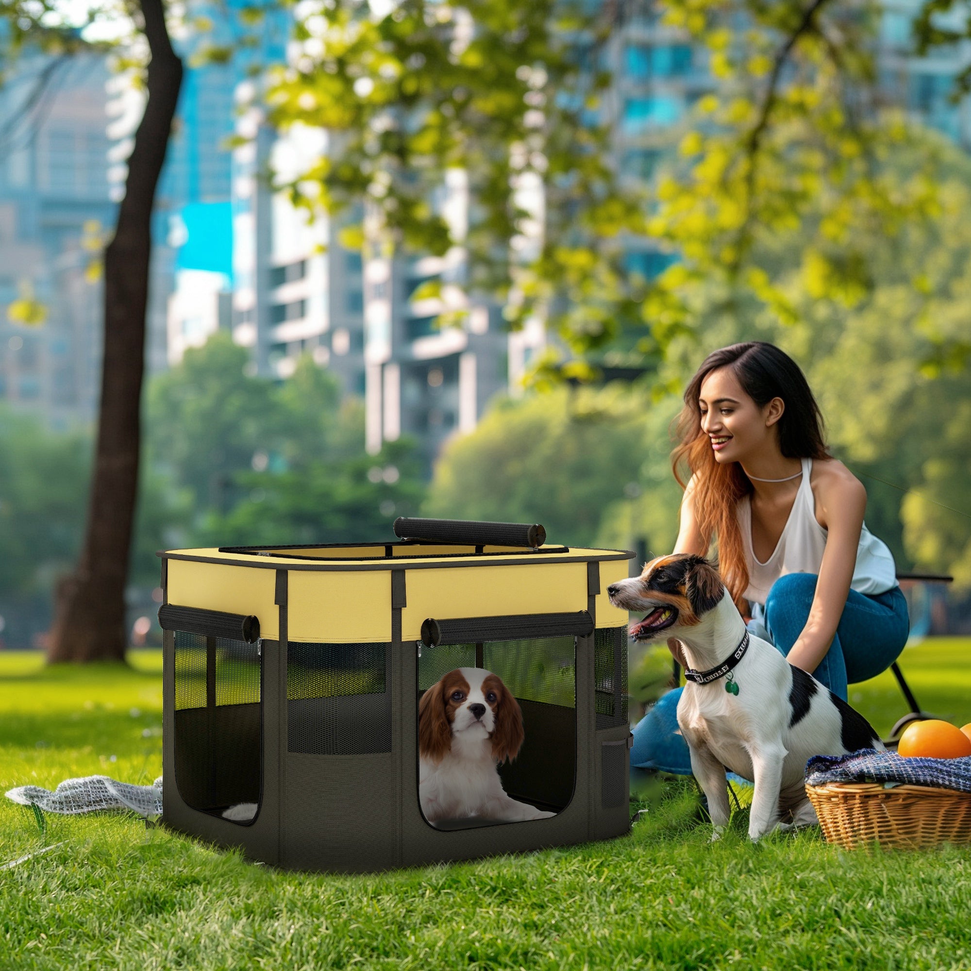 Foldable Dog Pen with Storage Bag for Indoor/Outdoor Use, Portable Pet playpen, with Ground Stakes - Yellow