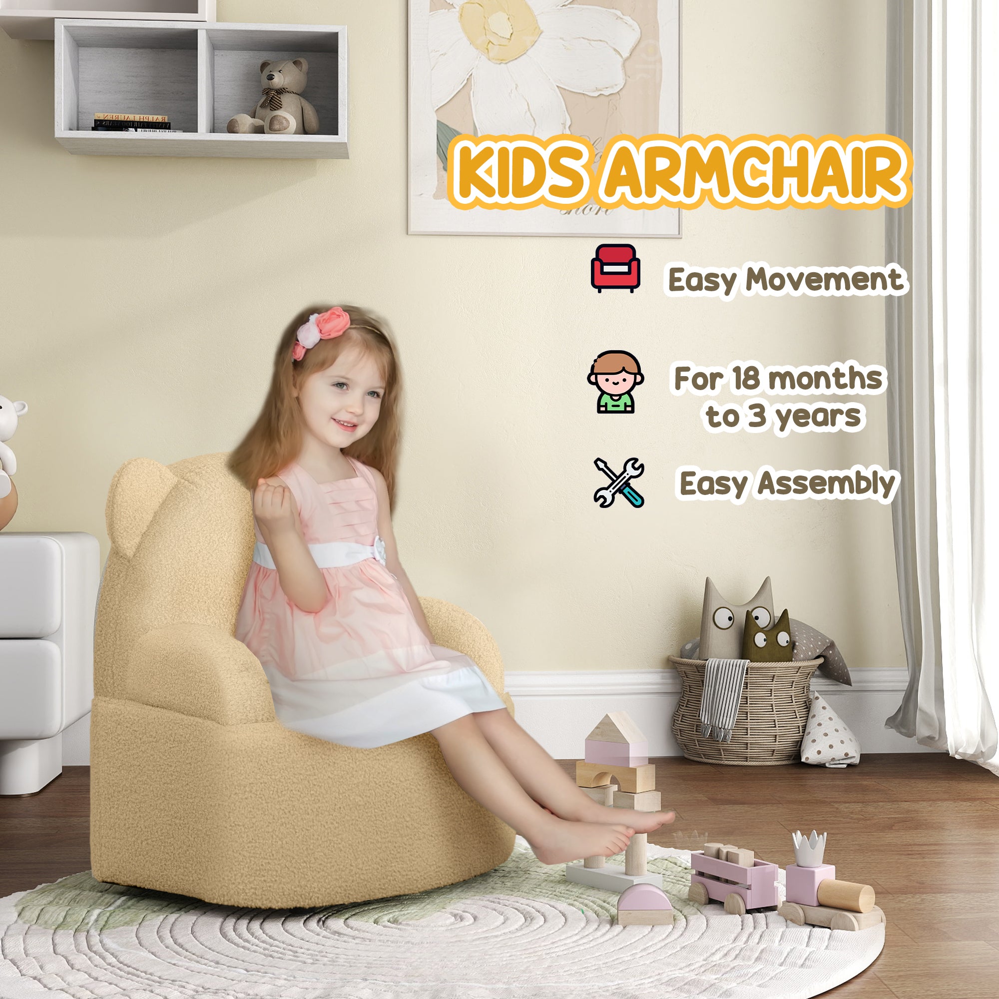 Kids Armchair, Bear Shaped Toddler Chair for Bedroom Playroom Living Room, Aged 18 Months to 3 Years - Khaki