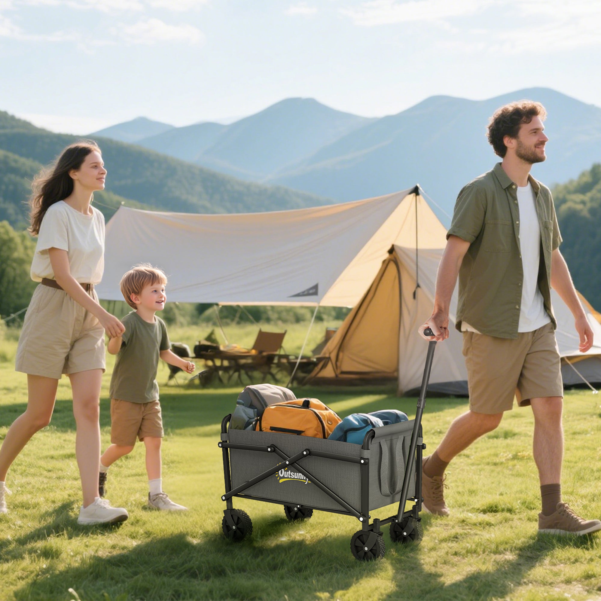 62L Festival Trolley on Wheels, Portable Small Folding Trolley Cart, 60kg Heavy Duty Collapsible Foldable Wagon with Adjustable Handle and Carrying Bag for Beach, Camping, Garden, Grey