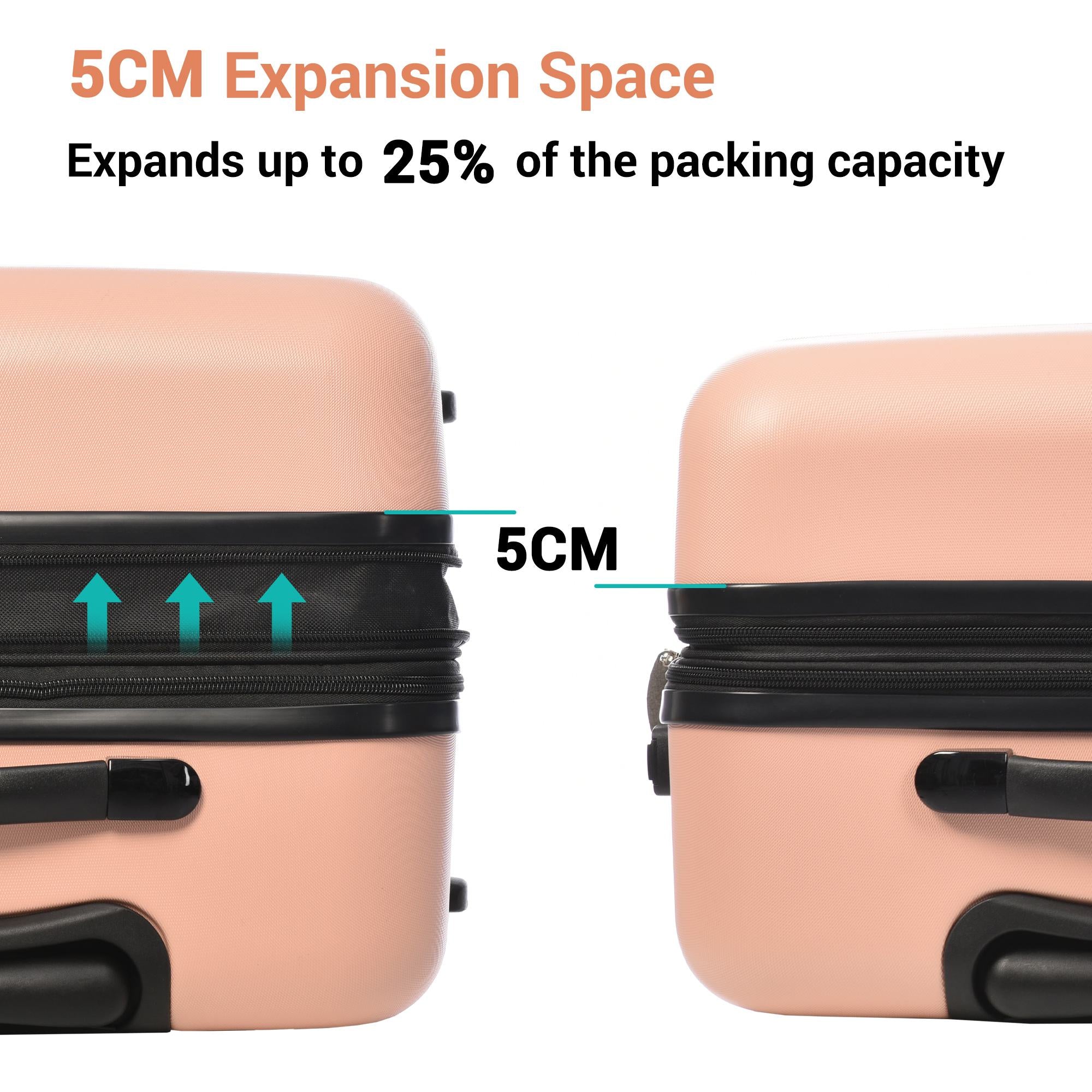 24" 4-Wheel ABS Hard Shell Travel Trolley Suitcase with Extendable Function, Luggage with Secure Lock, 45L × 28W × 69H cm, Pink