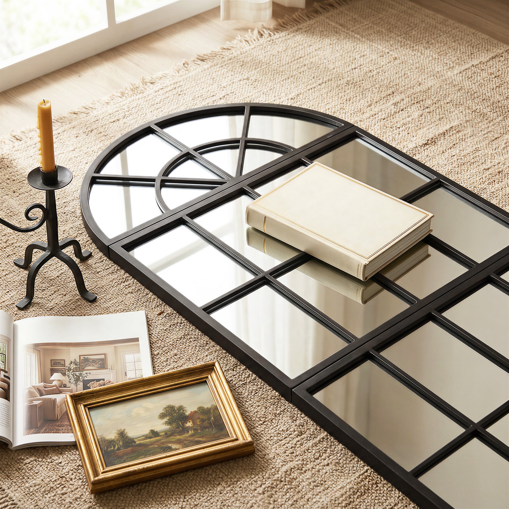 Large Arched Wall Mirror with Metal Grid, 3-Piece Split Window Mirrors, 120 x 54 cm, Black