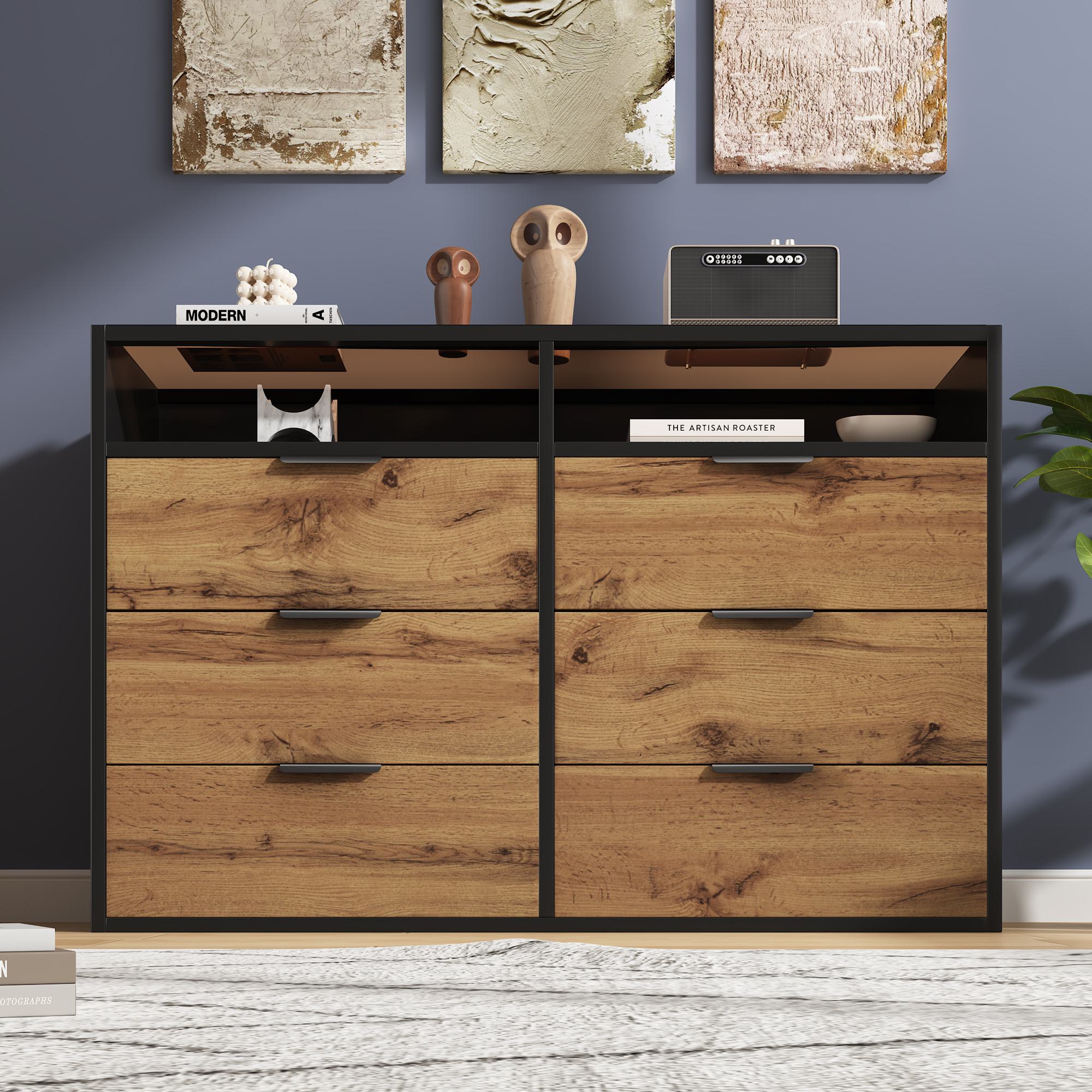 Sideboard Cabinet Dresser with 6 Drawers and 2 Open Shelves, Anti-tip, Dressing Storage Cabinet for Living Room, 120L x 40W x 80H cm, Oak