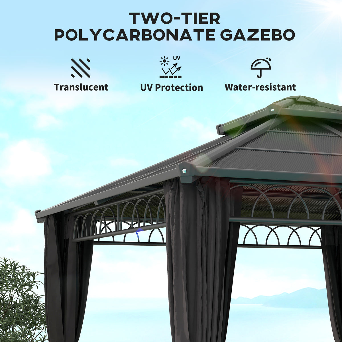 3 x 3 m Outdoor Polycarbonate Double Roof Gazebo with Steel Frame, Nettings & Curtains - Dark Grey