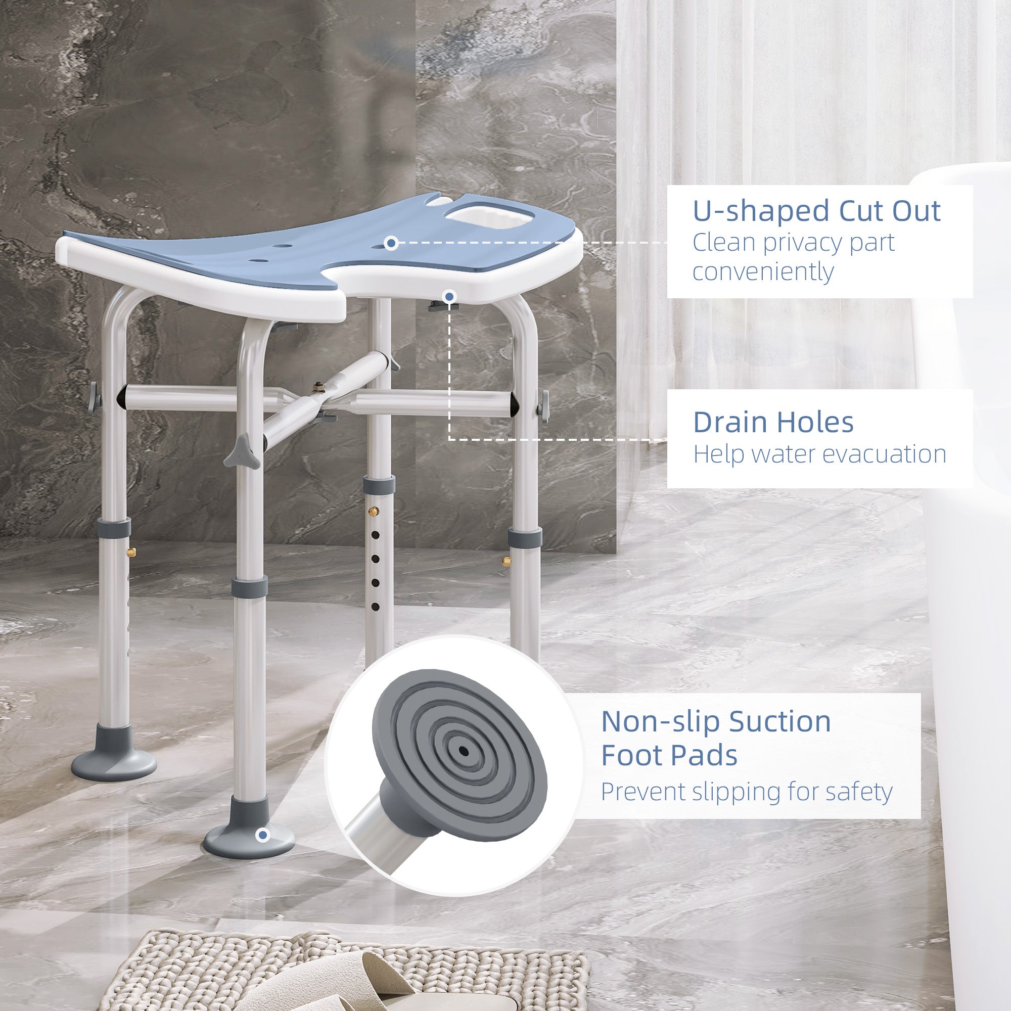 39-51.5cm 'U' Seat Padded Shower Stool - Light Blue