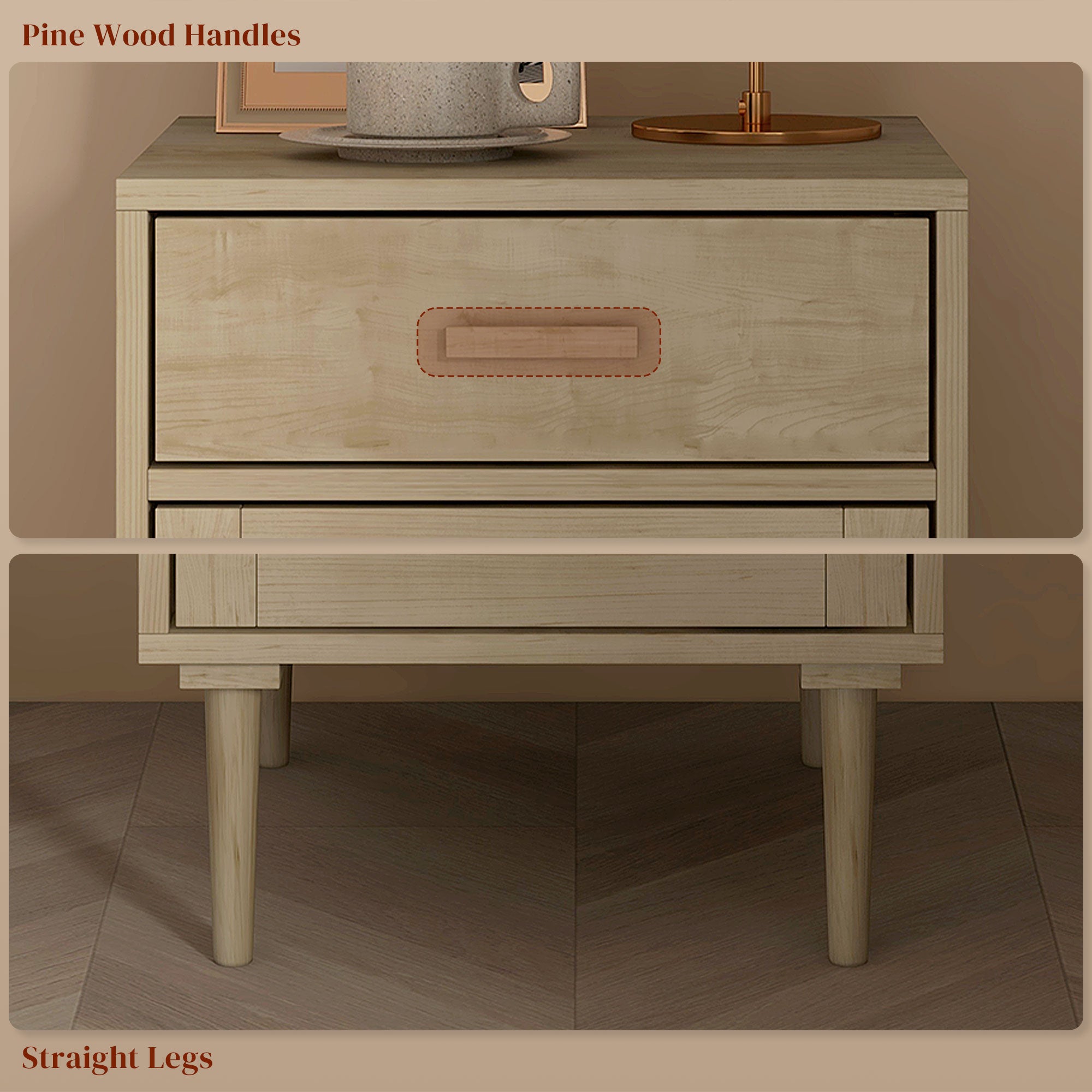 Bedside Tables Set of 2, Rattan Side Tables with Drawer, Cabinet and Adjustable Shelf, Boho Bedside Cabinets with Storage for Bedroom, Living Room, Natural Wood Finish