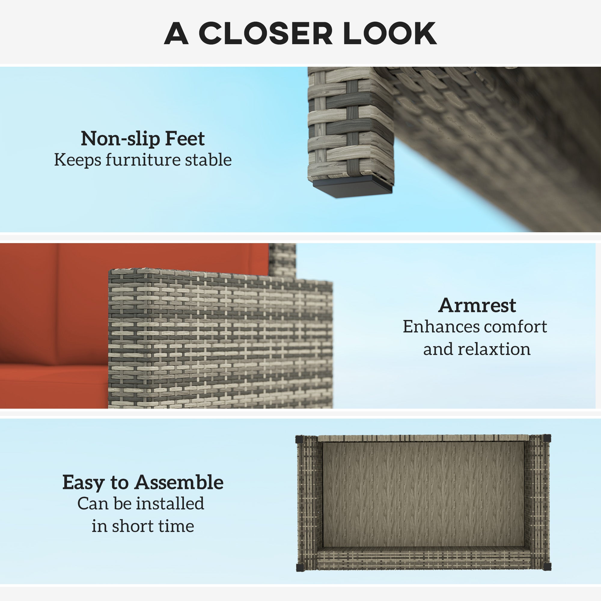 2 Seater Rattan Garden Sofa with Padded Cushions and Armrests - Grey