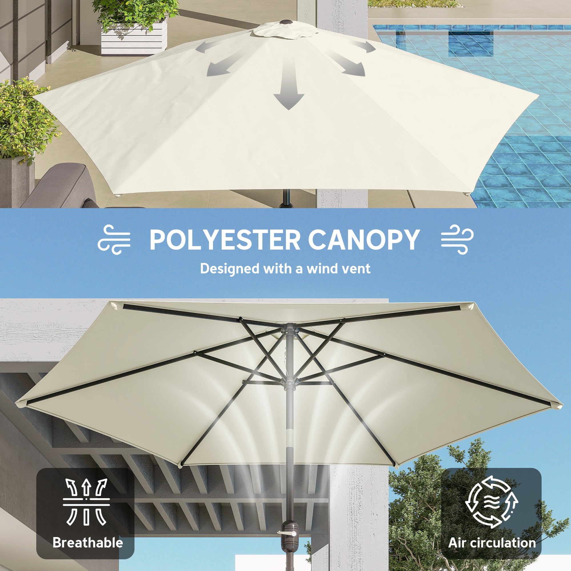 2.6 m Garden Parasol Umbrella with Aluminium Pole, Outdoor Patio Umbrella with Tilt and Crank, Vent, Cream White