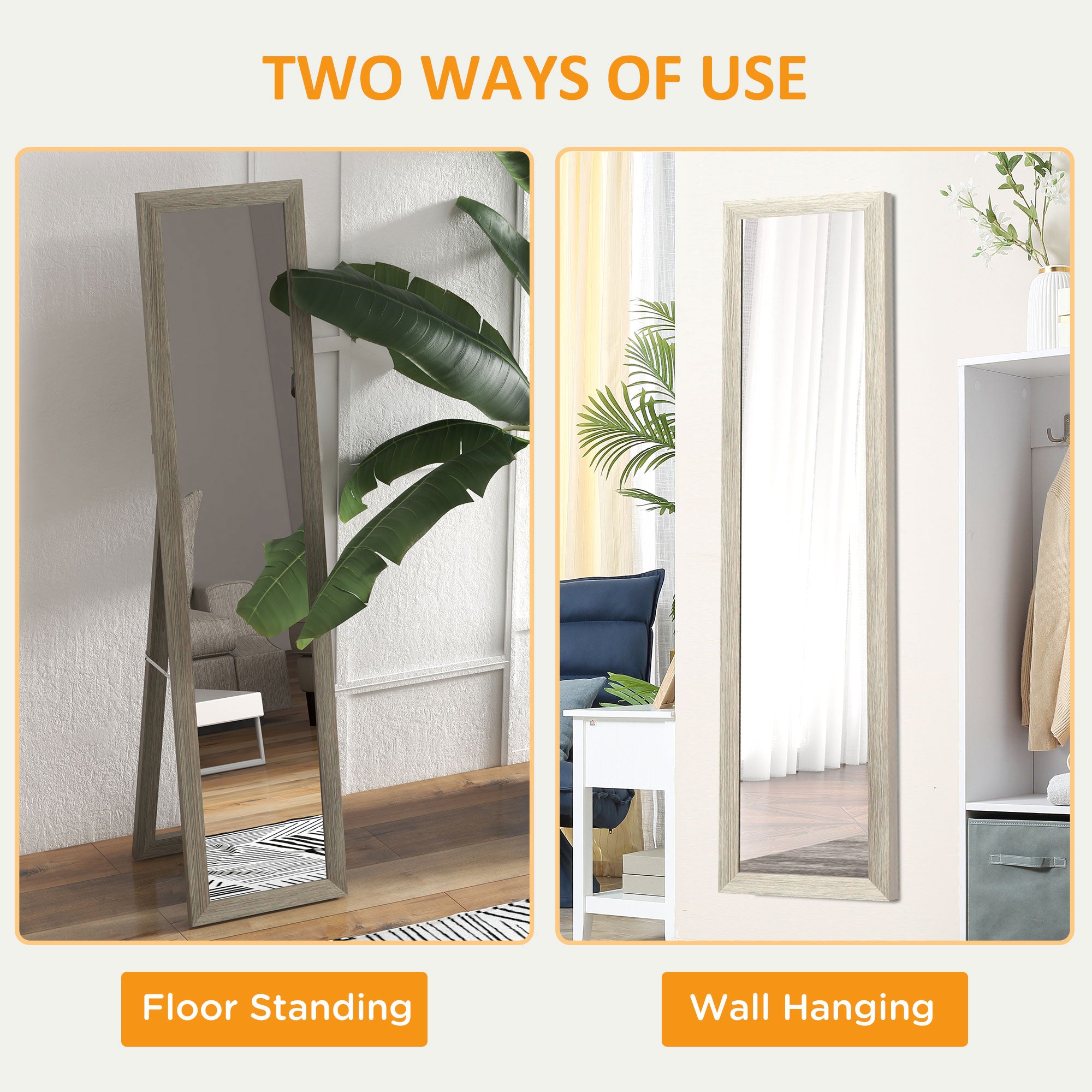 Full Length Mirror, 37 x 157 cm, Hanging or Freestanding, Rectangular Full Body Mirror for Living Room, Bedroom, Grey