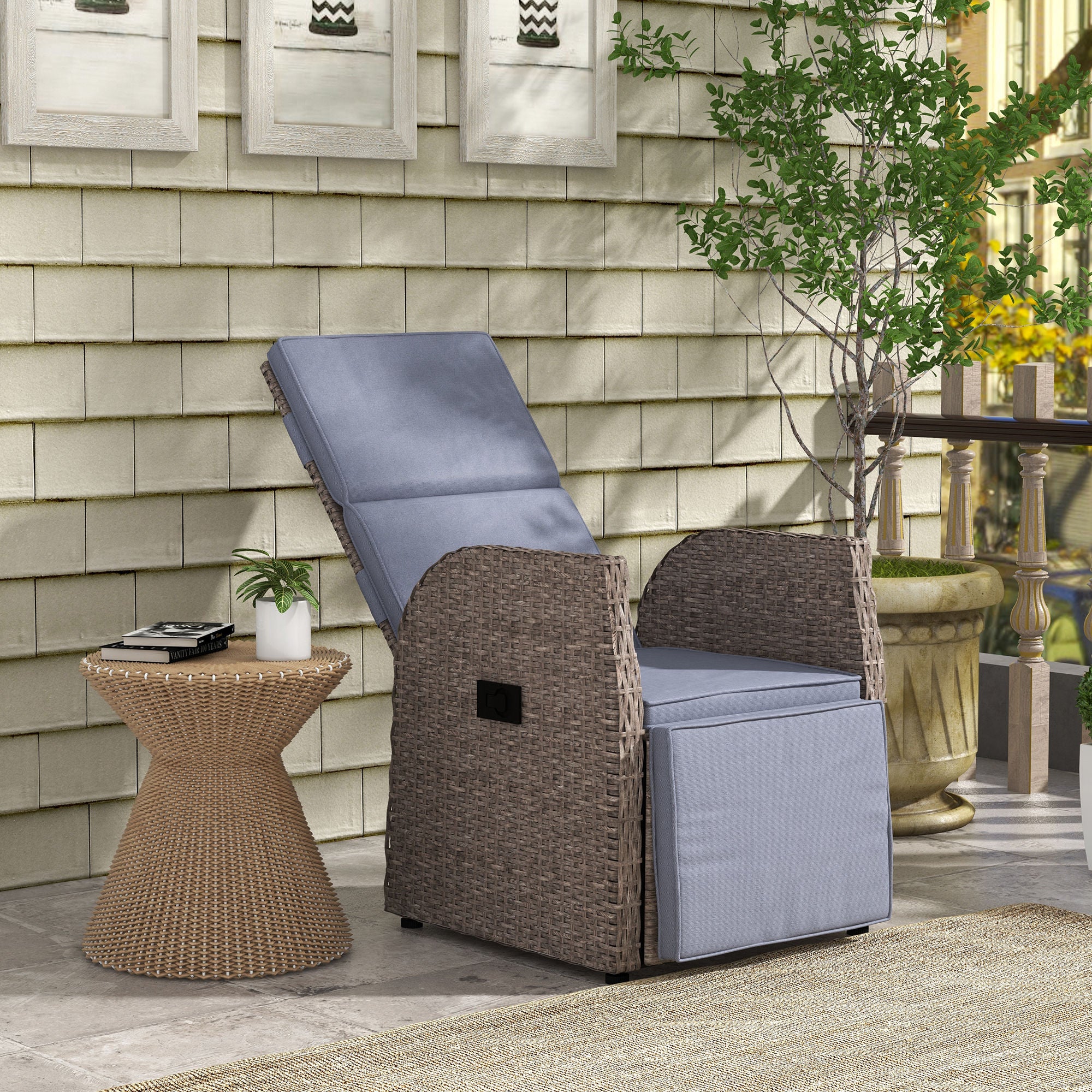 148° Reclining Rattan Garden Armchair, with Footrest - Brown/Grey